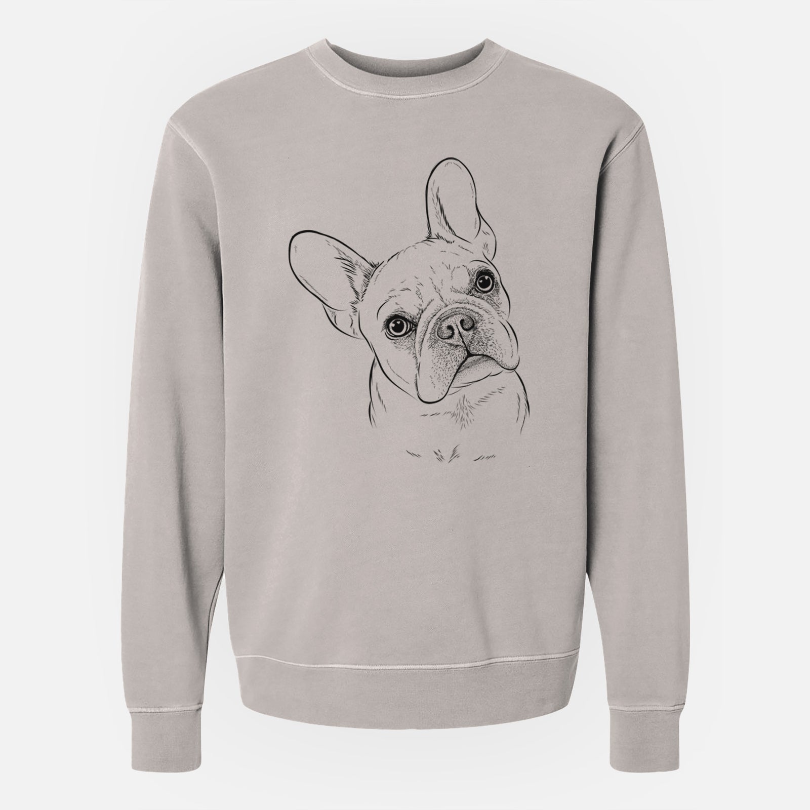 Hand-drawn sketch of Loki the French Bulldog on a Cement Unisex pigment dyed crew sweatshirt