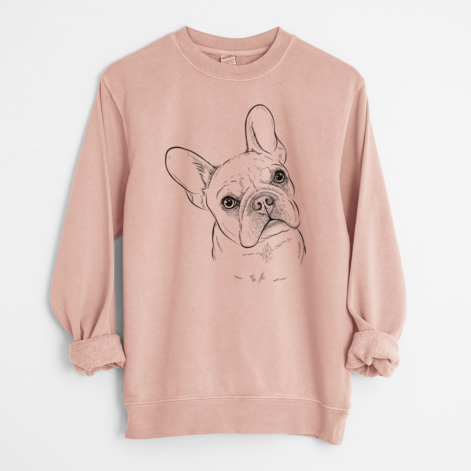 Hand-drawn sketch of Loki the French Bulldog on a Dusty Pink Unisex pigment dyed crew sweatshirt