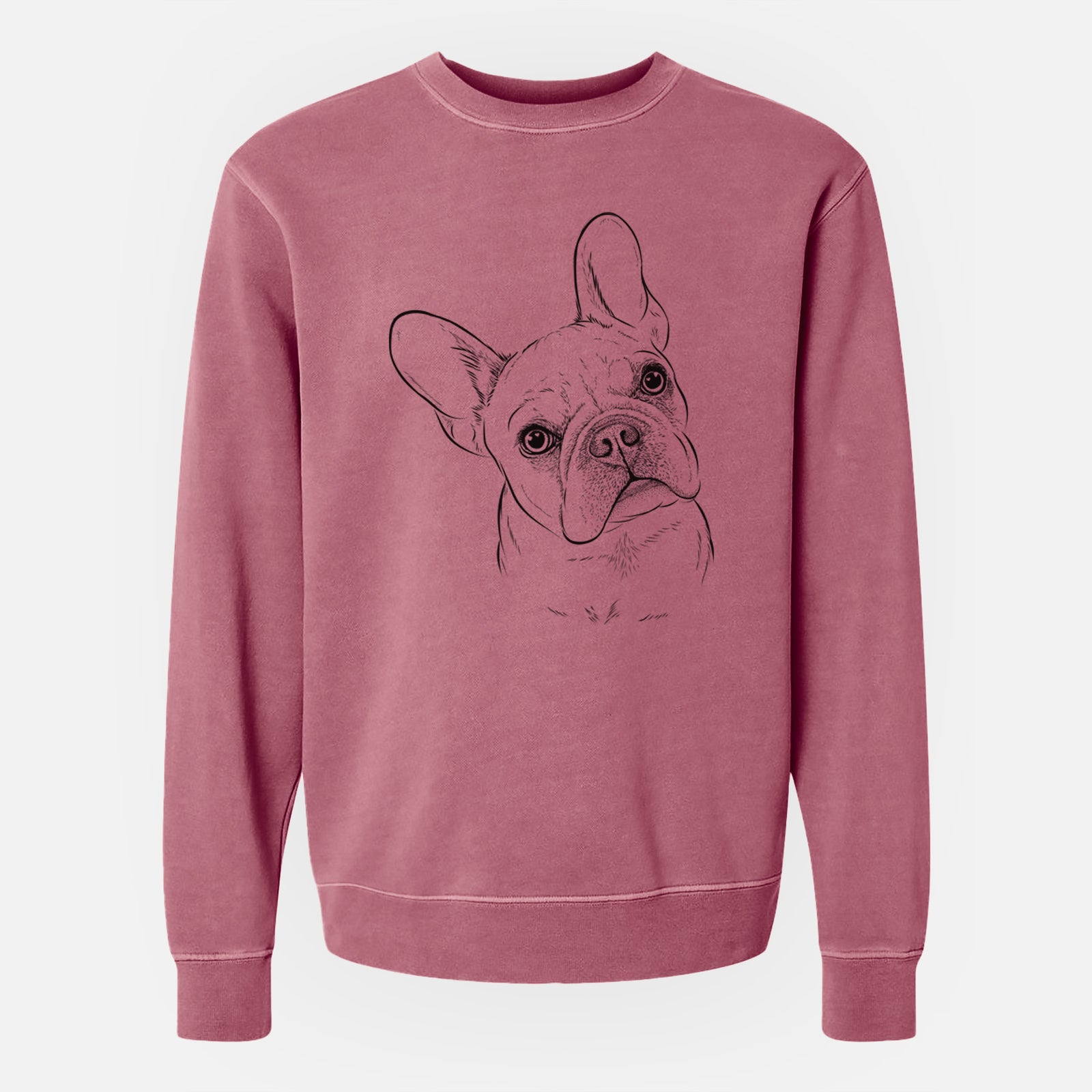 Hand-drawn sketch of Loki the French Bulldog on a Maroon Unisex pigment dyed crew sweatshirt