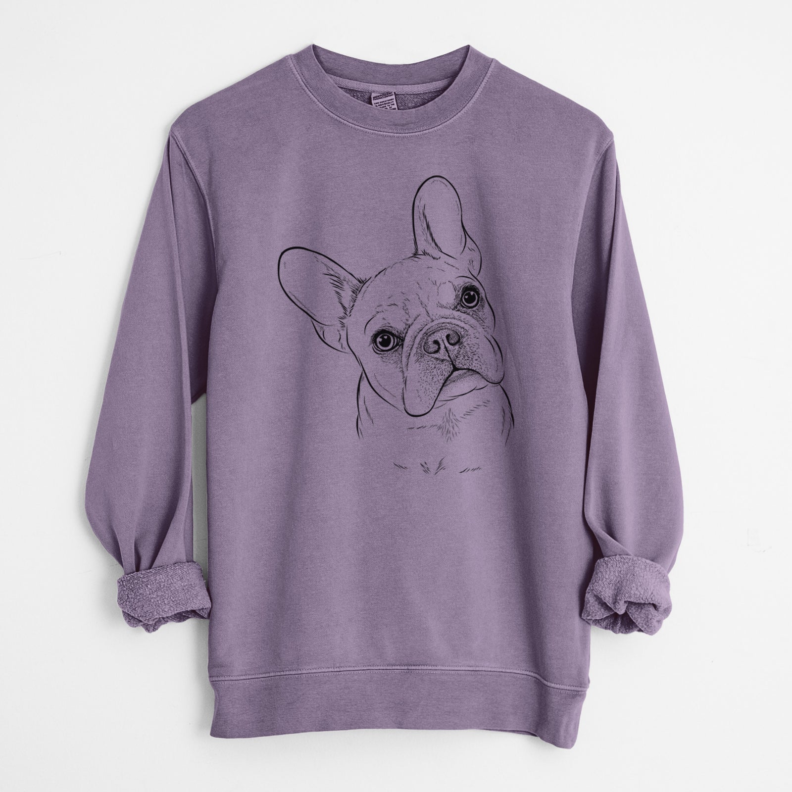 Hand-drawn sketch of Loki the French Bulldog on a Plum Unisex pigment dyed crew sweatshirt