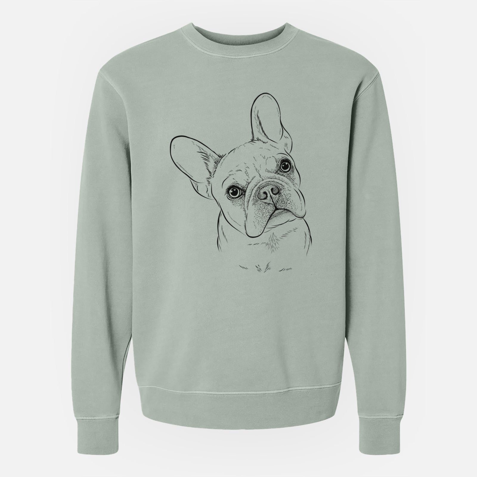 Hand-drawn sketch of Loki the French Bulldog on a Sage Unisex pigment dyed crew sweatshirt