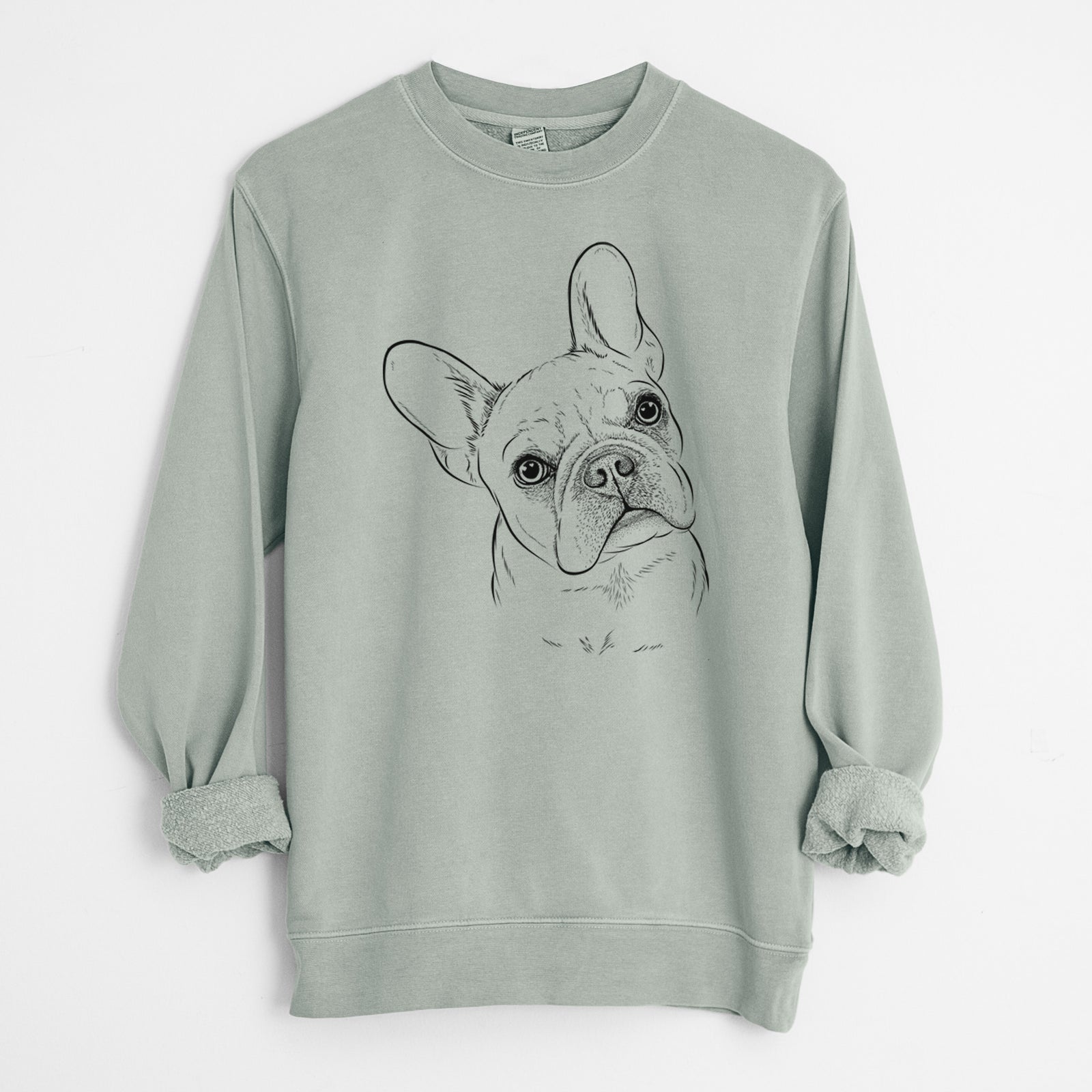 Hand-drawn sketch of Loki the French Bulldog on a Sage Unisex pigment dyed crew sweatshirt