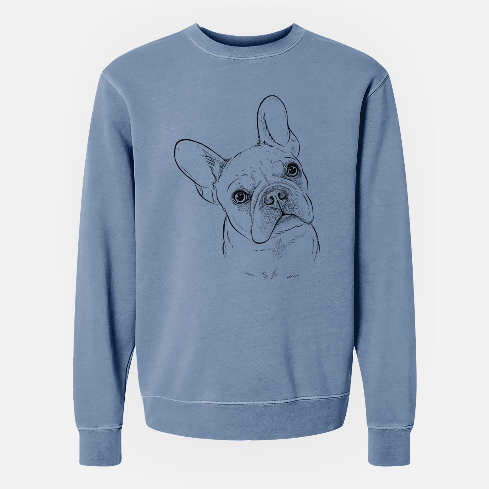 Hand-drawn sketch of Loki the French Bulldog on a Slate Blue Unisex pigment dyed crew sweatshirt