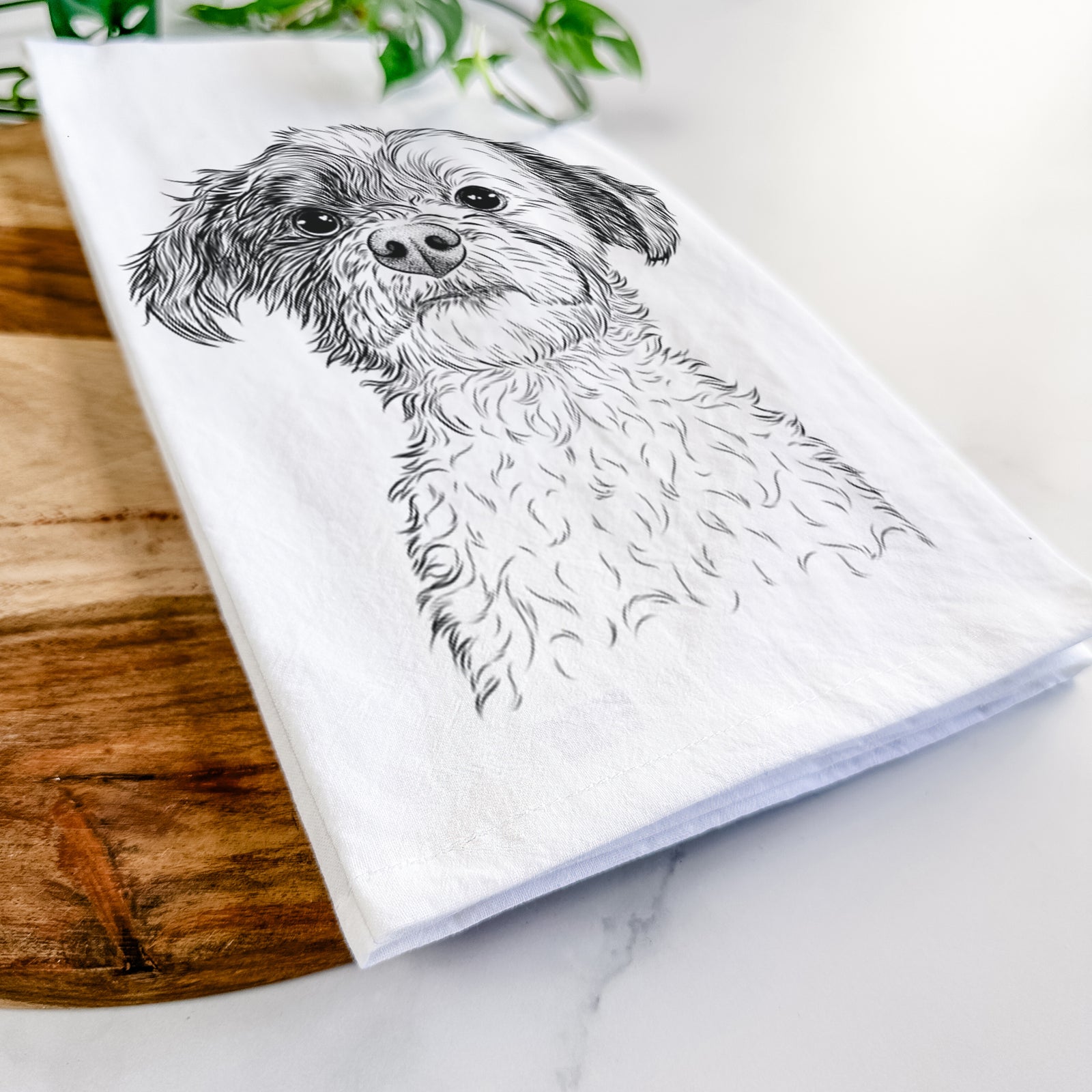 Hand-drawn sketch of Louise the Havanese on a tea towel