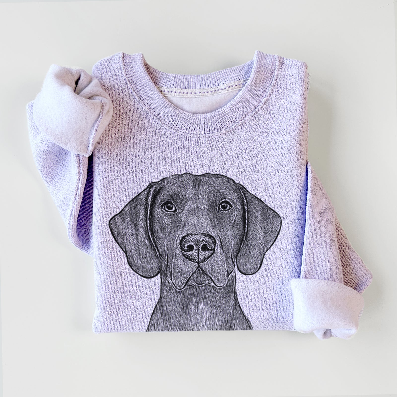 Hand-drawn sketch of Lucifer the German Shorthaired Pointer on an Ice Purple knit sweatshirt