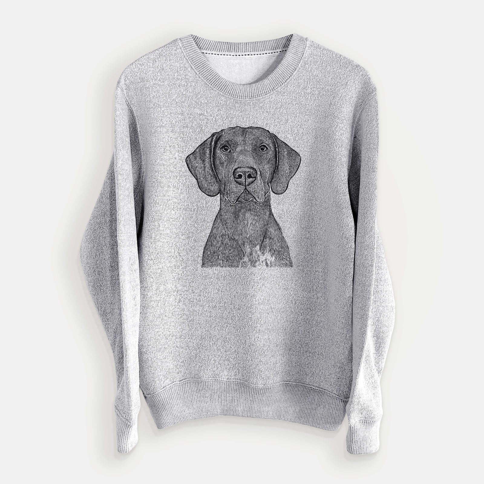 Hand-drawn sketch of Lucifer the German Shorthaired Pointer on a Salt Pepper knit sweatshirt