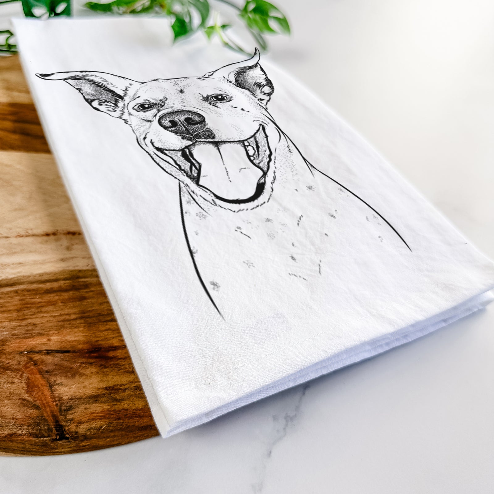 Hand-drawn sketch of Maddie the Dalmatian Pitbull Mix on a tea towel