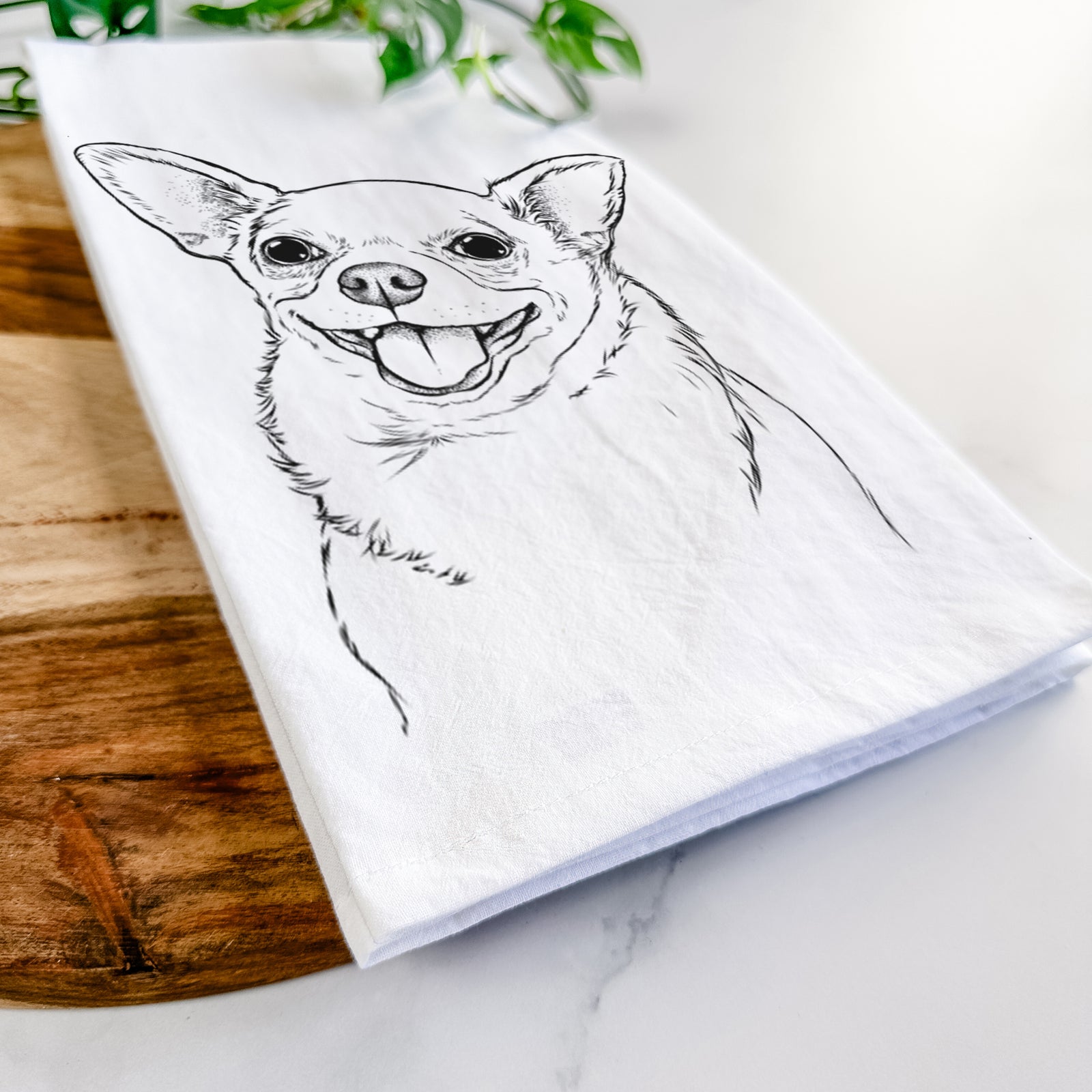 Hand-drawn sketch of Maddison Pearl the Chihuahua on a tea towel