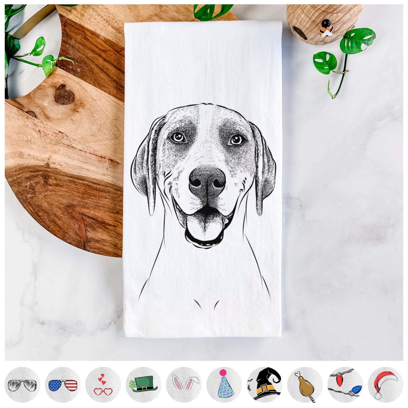 Hand-drawn sketch of Maggie the Treeing Walker Coonhound on a tea towel, shown with icons of the other available costume styles