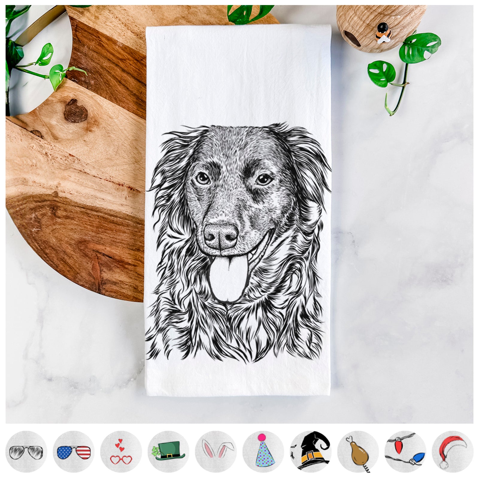 Hand-drawn sketch of Maisie Mae the Aussiedor on a tea towel, shown with icons of the other available costume styles