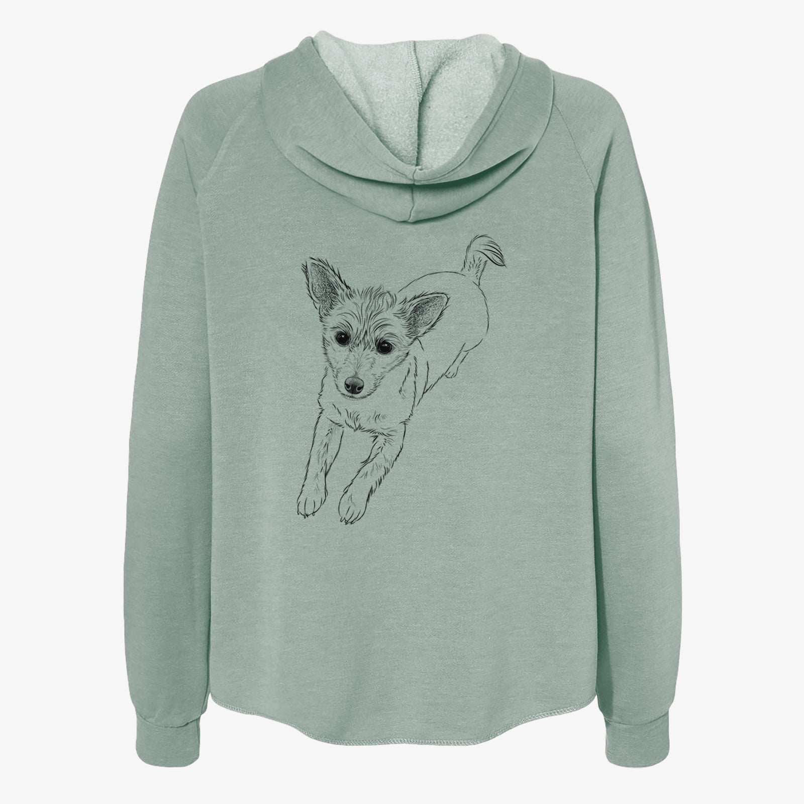 Hand-drawn sketch of Maisie the Terrier Mix on a Sage Women's cali wave zip-up sweatshirt