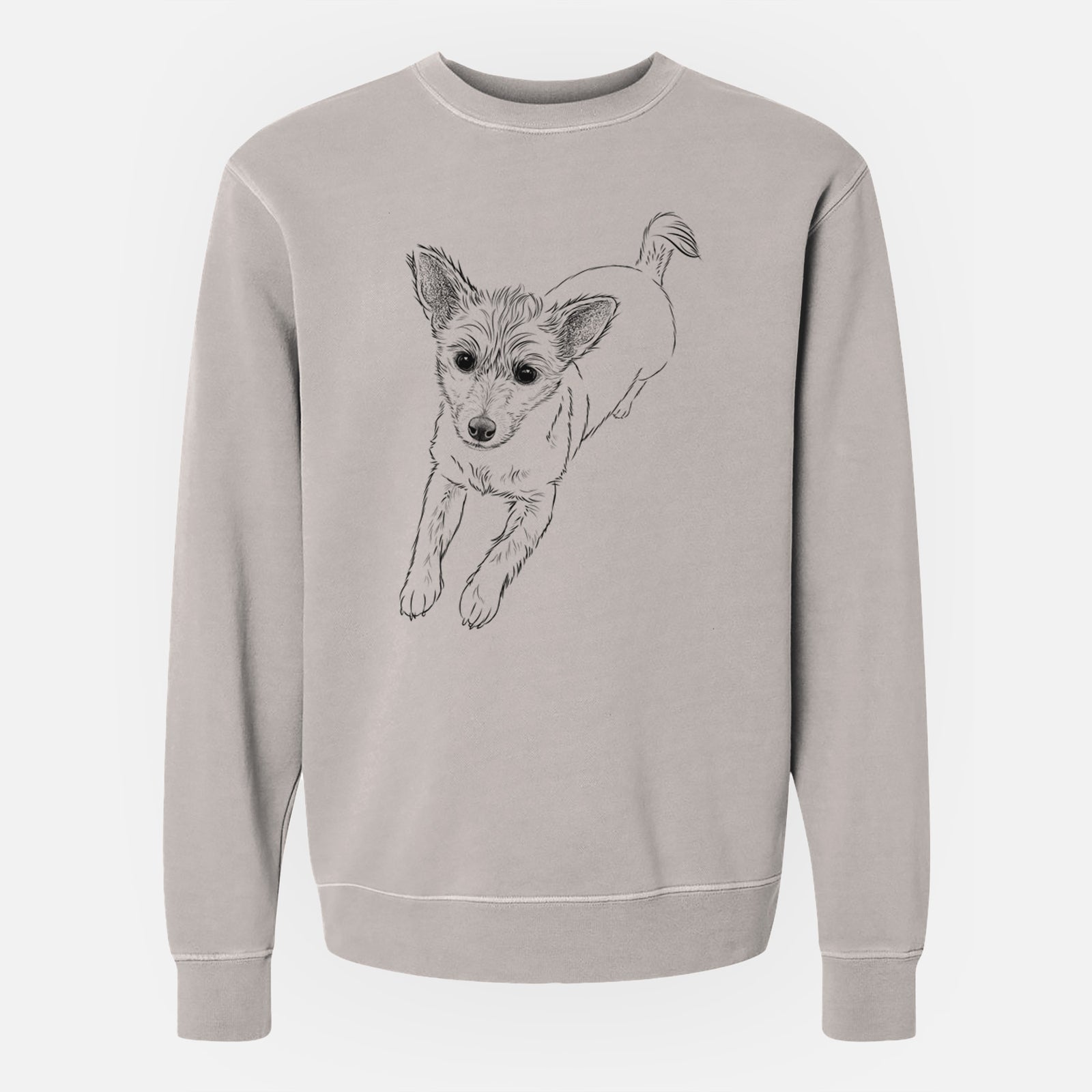 Hand-drawn sketch of Maisie the Terrier Mix on a Cement Unisex pigment dyed crew sweatshirt