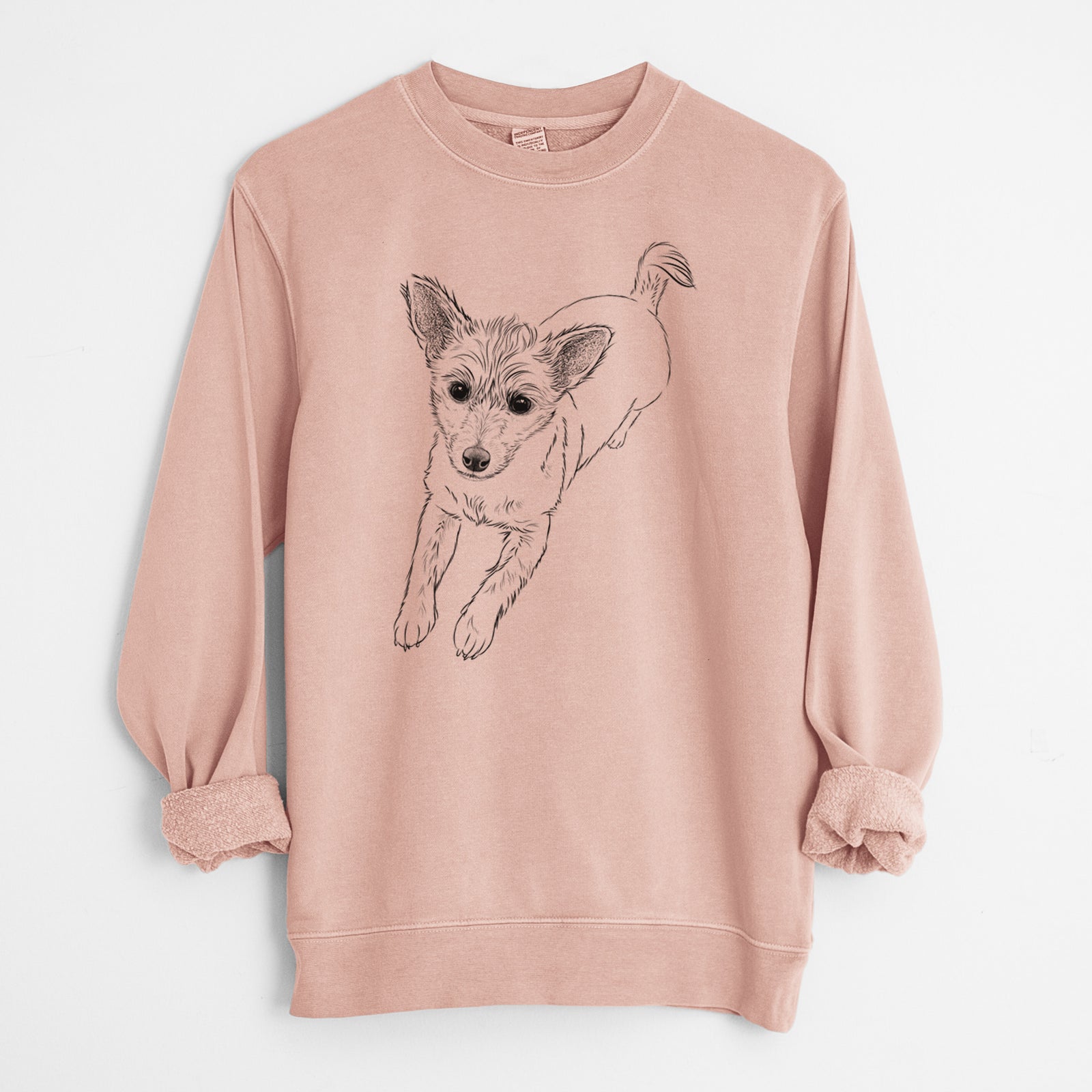 Hand-drawn sketch of Maisie the Terrier Mix on a Dusty Pink Unisex pigment dyed crew sweatshirt