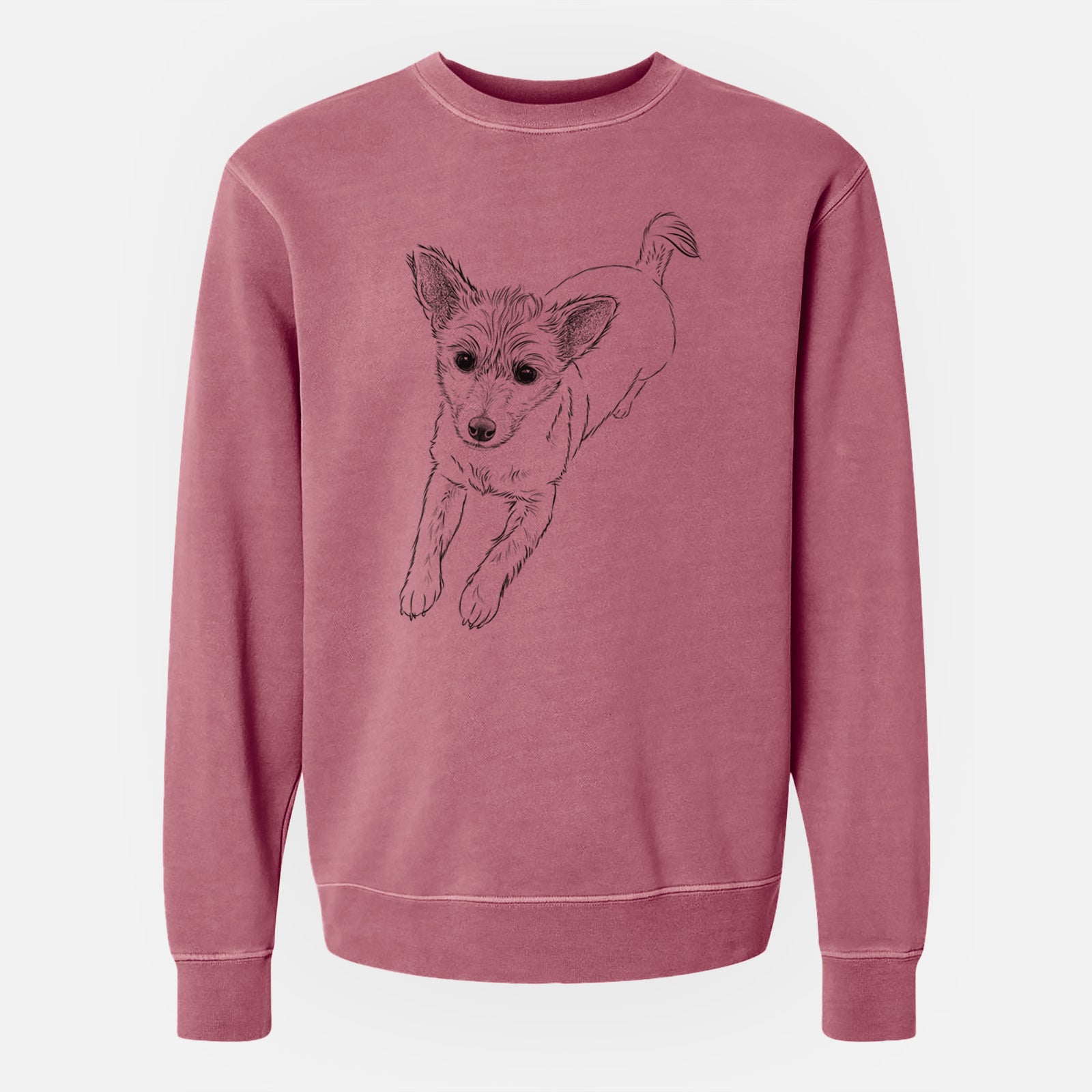 Hand-drawn sketch of Maisie the Terrier Mix on a Maroon Unisex pigment dyed crew sweatshirt