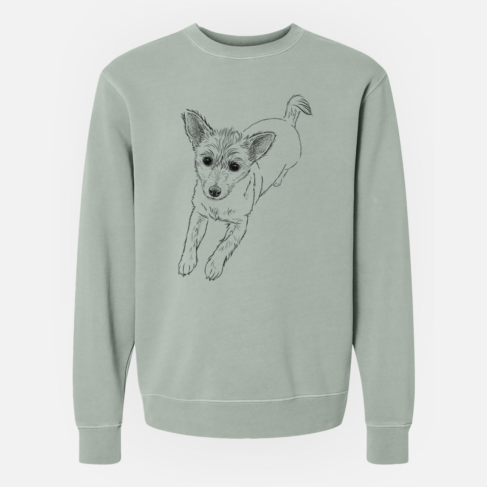Hand-drawn sketch of Maisie the Terrier Mix on a Sage Unisex pigment dyed crew sweatshirt