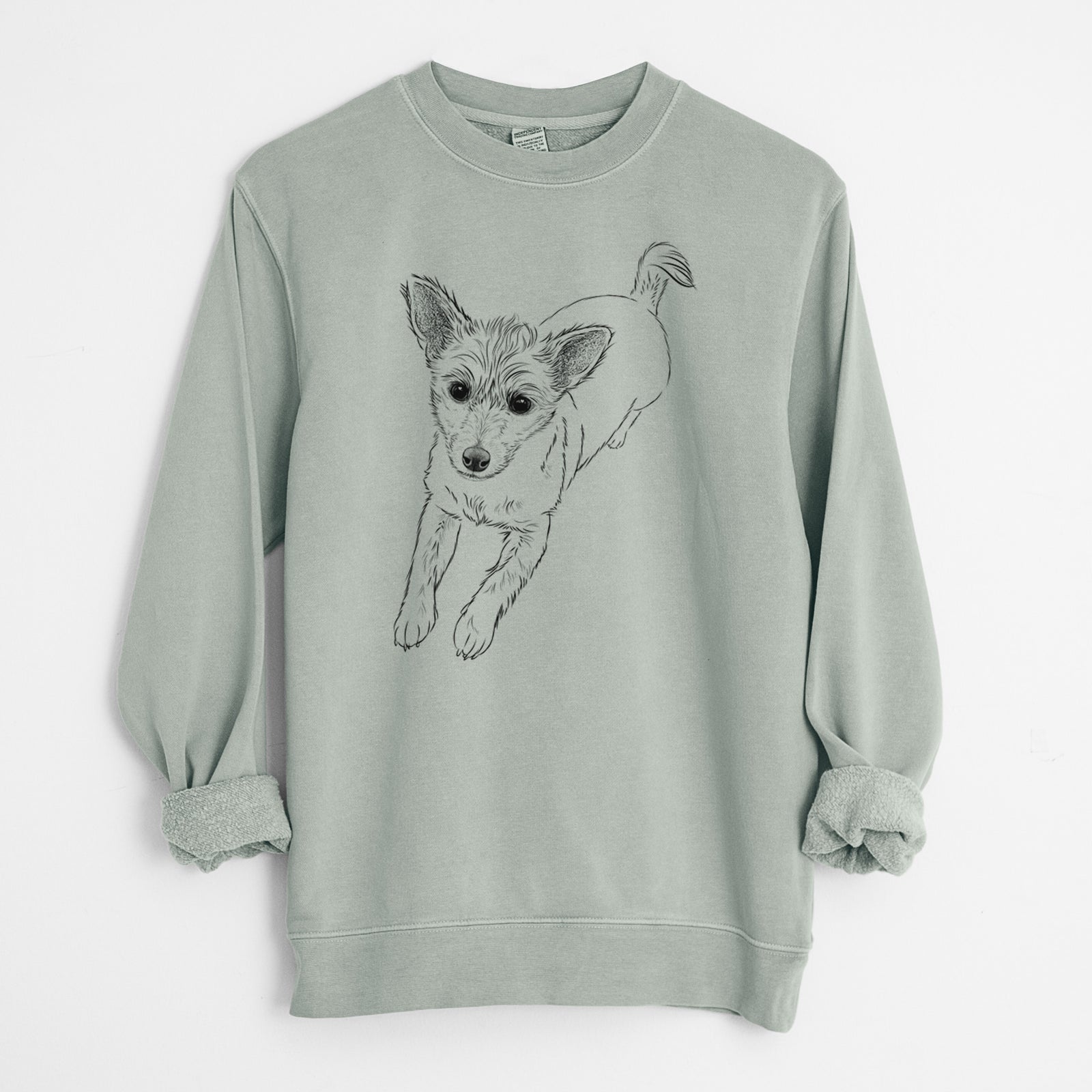 Hand-drawn sketch of Maisie the Terrier Mix on a Sage Unisex pigment dyed crew sweatshirt