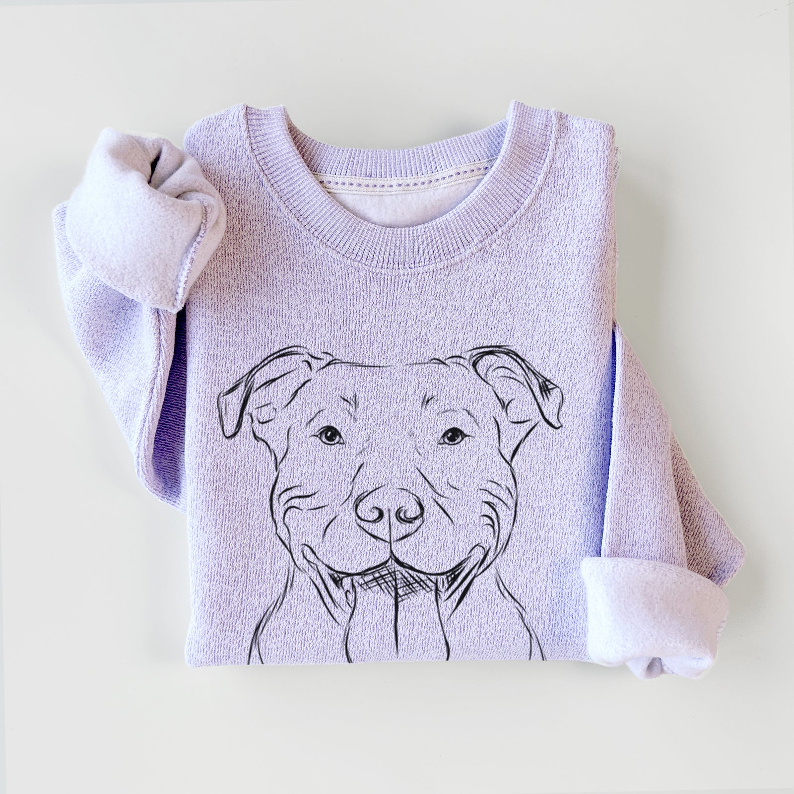 Hand-drawn sketch of Major the Pitbull on an Ice Purple knit sweatshirt