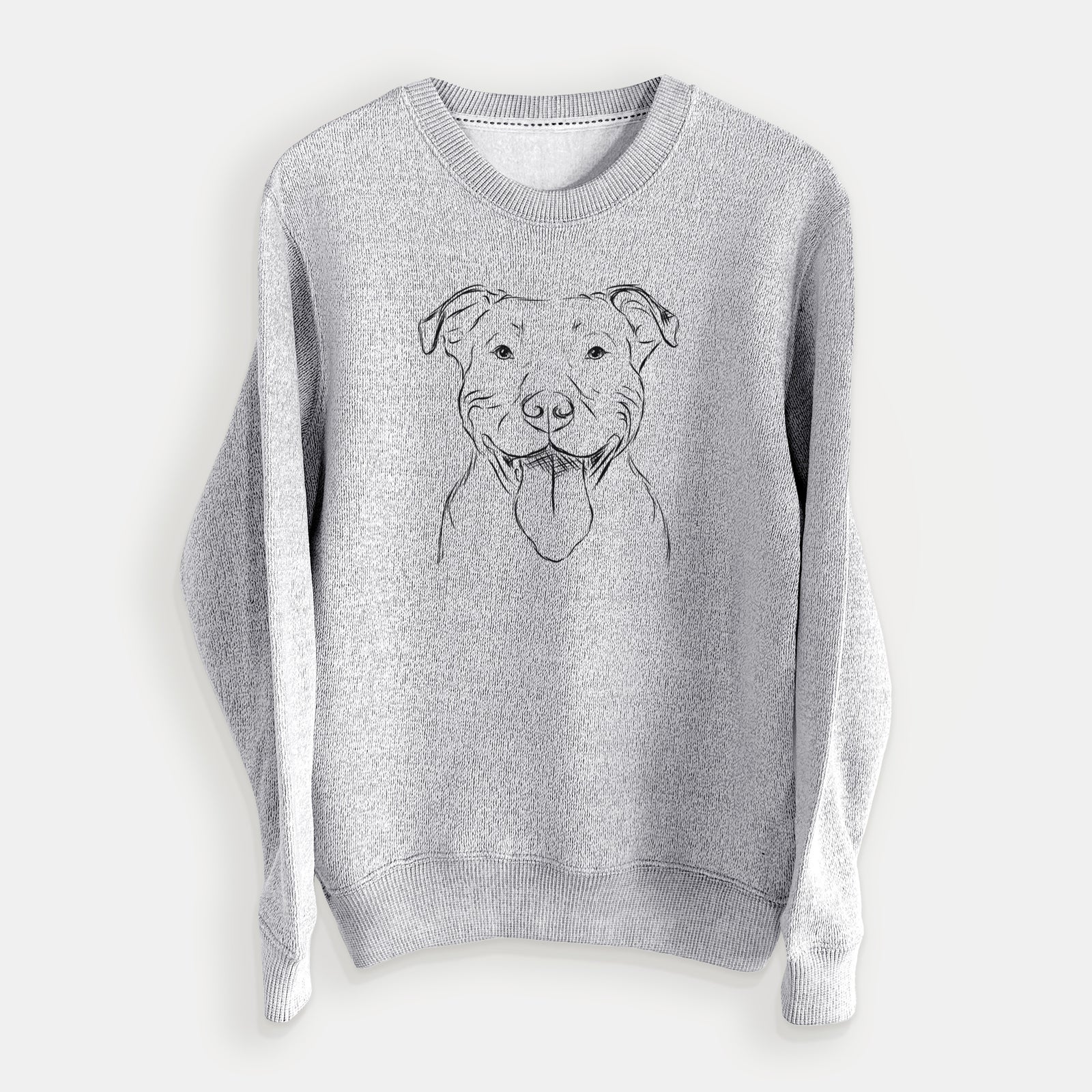 Hand-drawn sketch of Major the Pitbull on a Salt Pepper knit sweatshirt