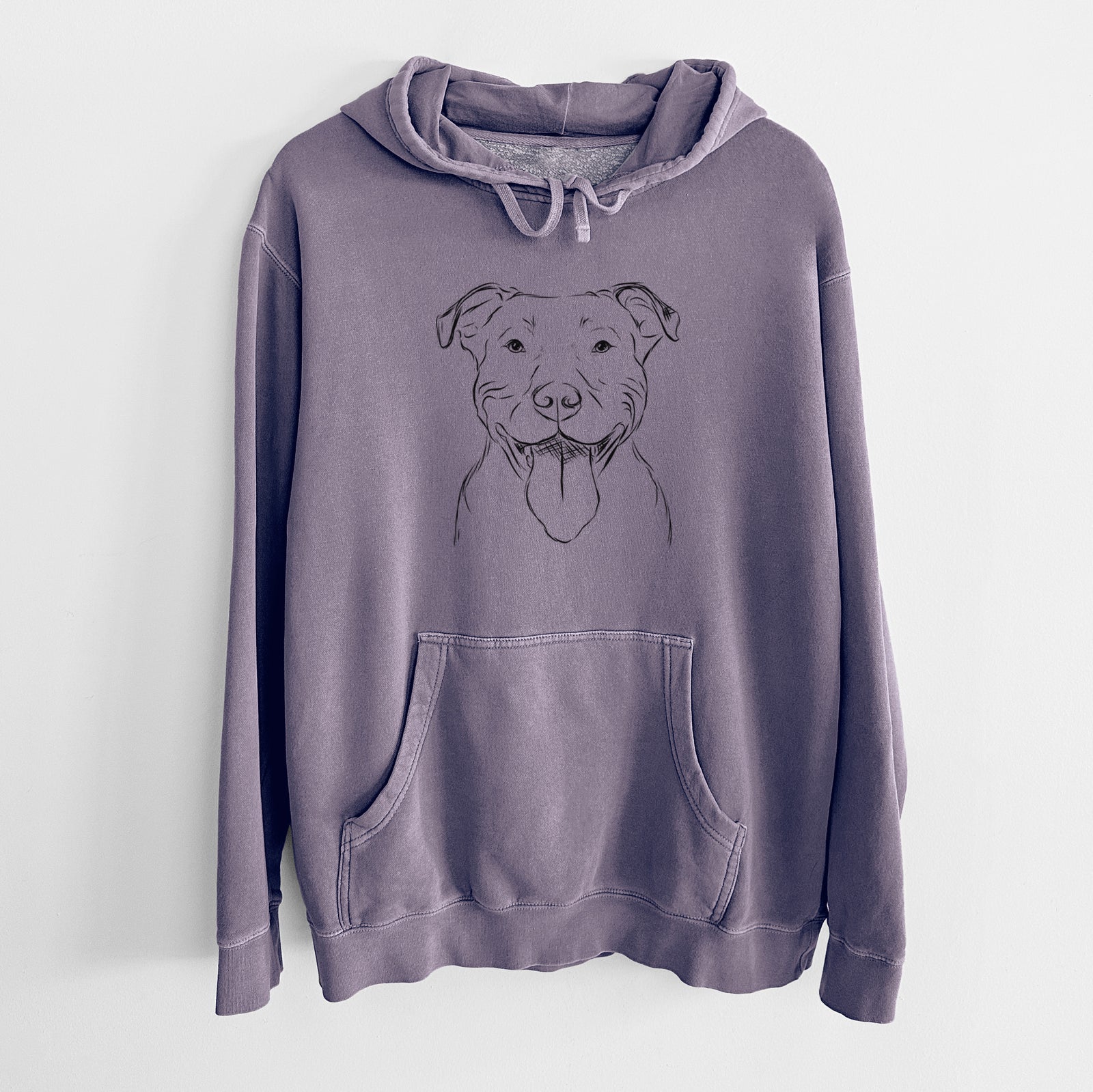 Hand-drawn sketch of Major the Pitbull on a Plum Unisex pigment dyed hoodie