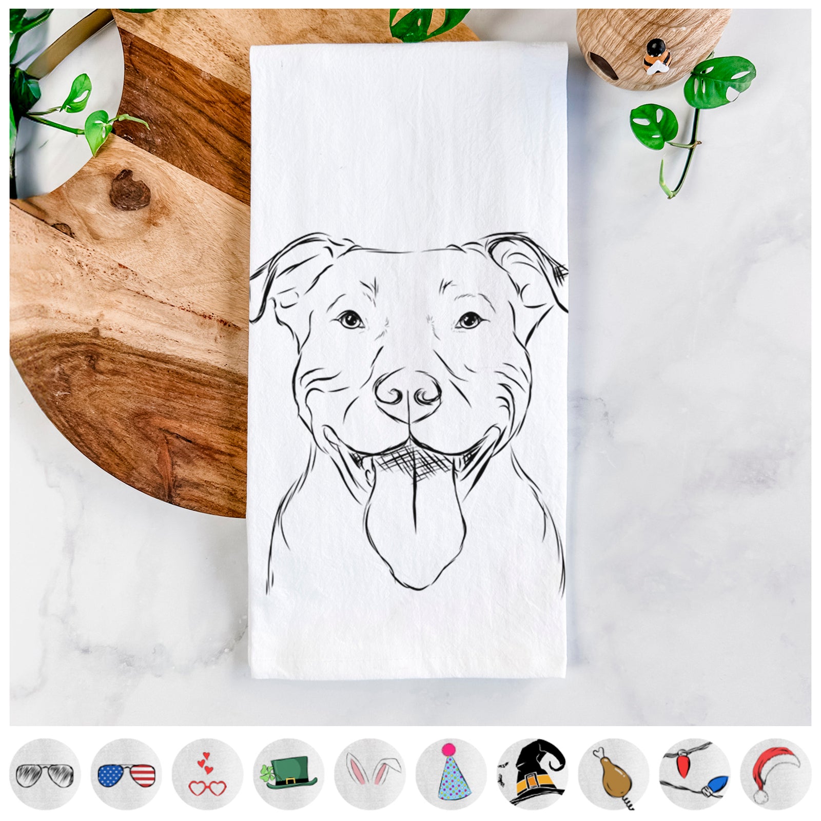 Hand-drawn sketch of Major the Pitbull on a tea towel, shown with icons of the other available costume styles
