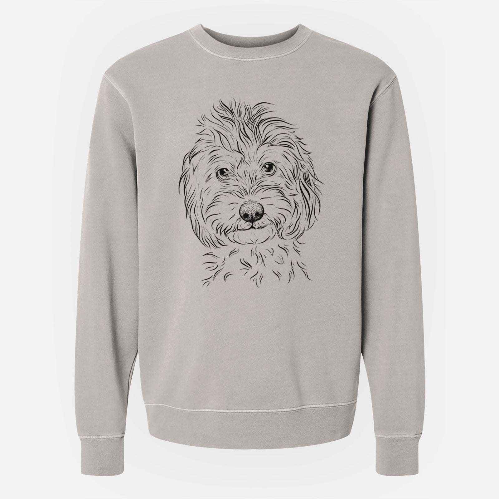 Hand-drawn sketch of Mason the Cavapoo on a Cement Unisex pigment dyed crew sweatshirt