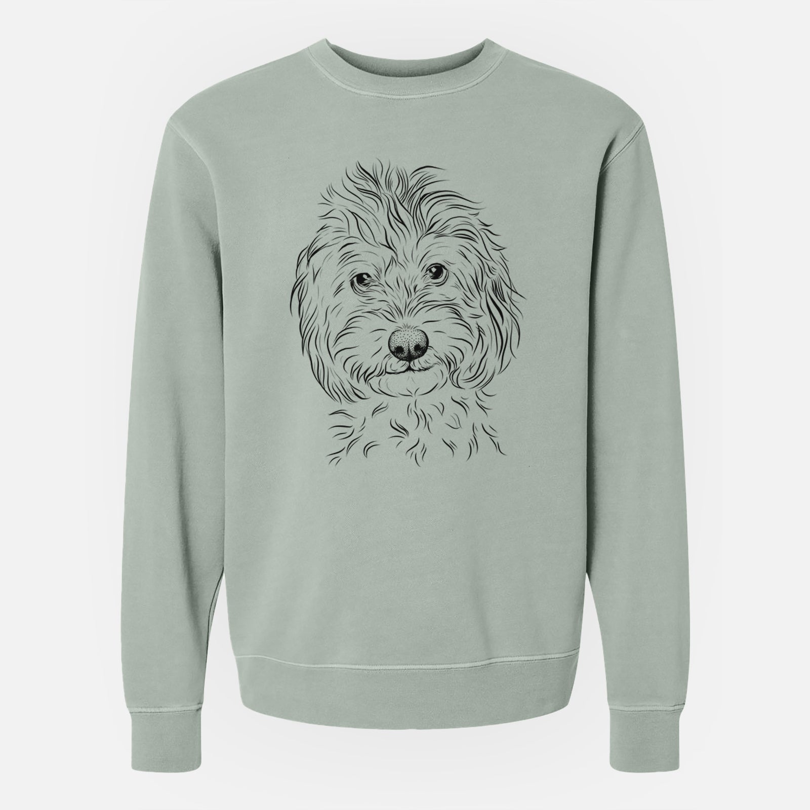 Hand-drawn sketch of Mason the Cavapoo on a Sage Unisex pigment dyed crew sweatshirt