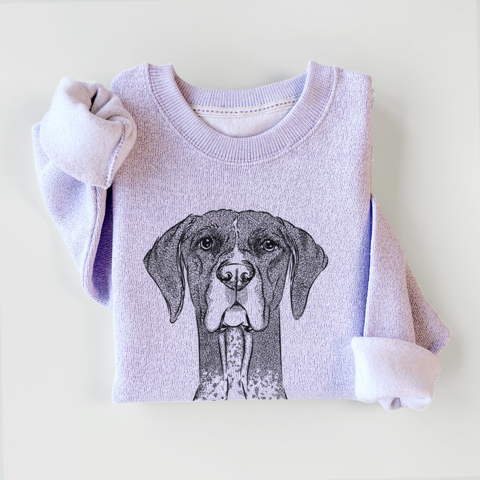 Hand-drawn sketch of Mattis the German Shorthaired Pointer on an Ice Purple knit sweatshirt
