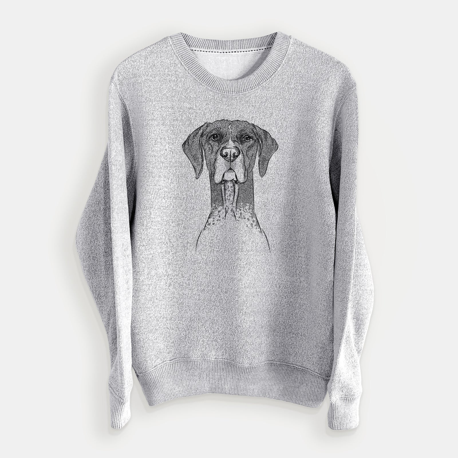 Hand-drawn sketch of Mattis the German Shorthaired Pointer on a Salt Pepper knit sweatshirt