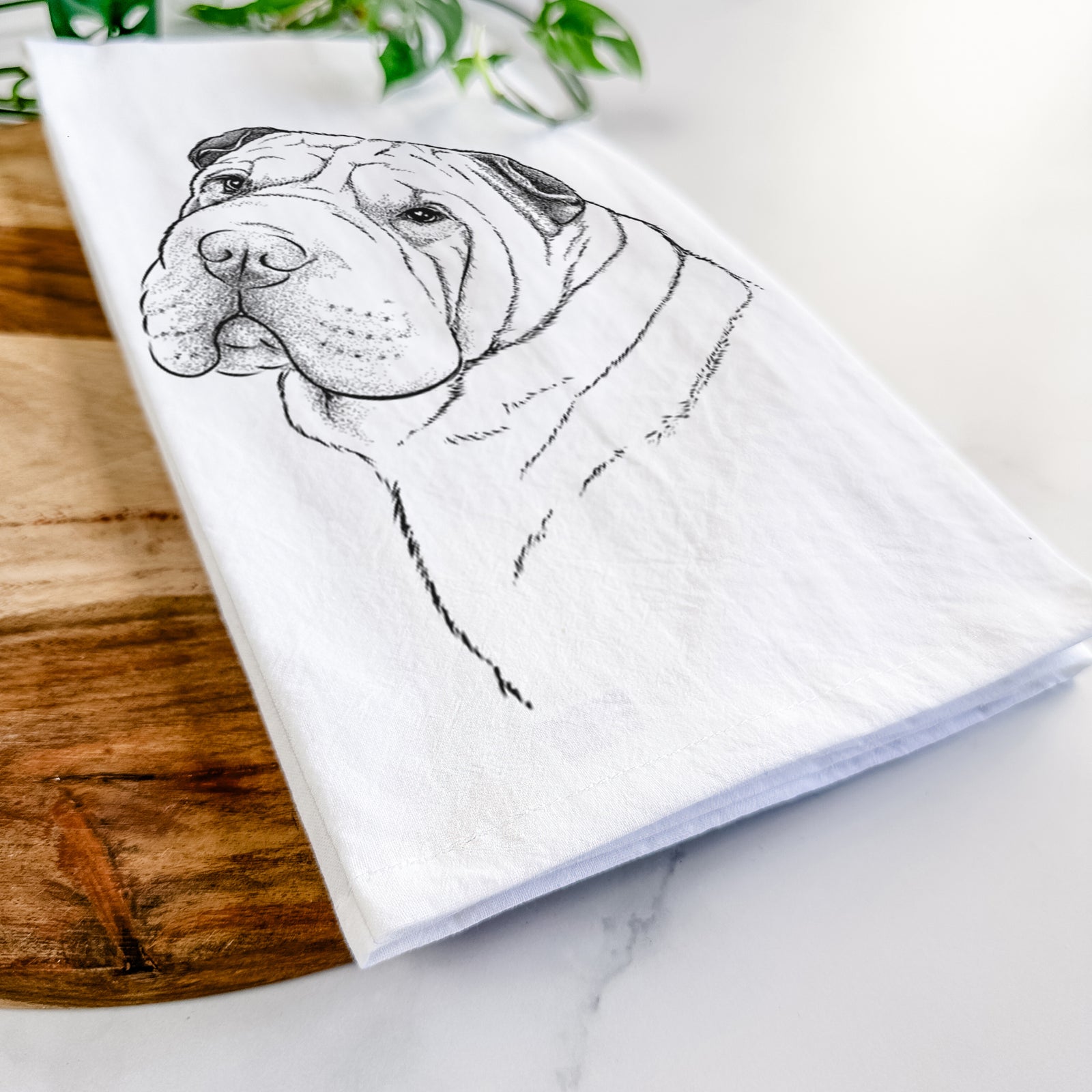 Hand-drawn sketch of Maximus the Shar Pei on a tea towel