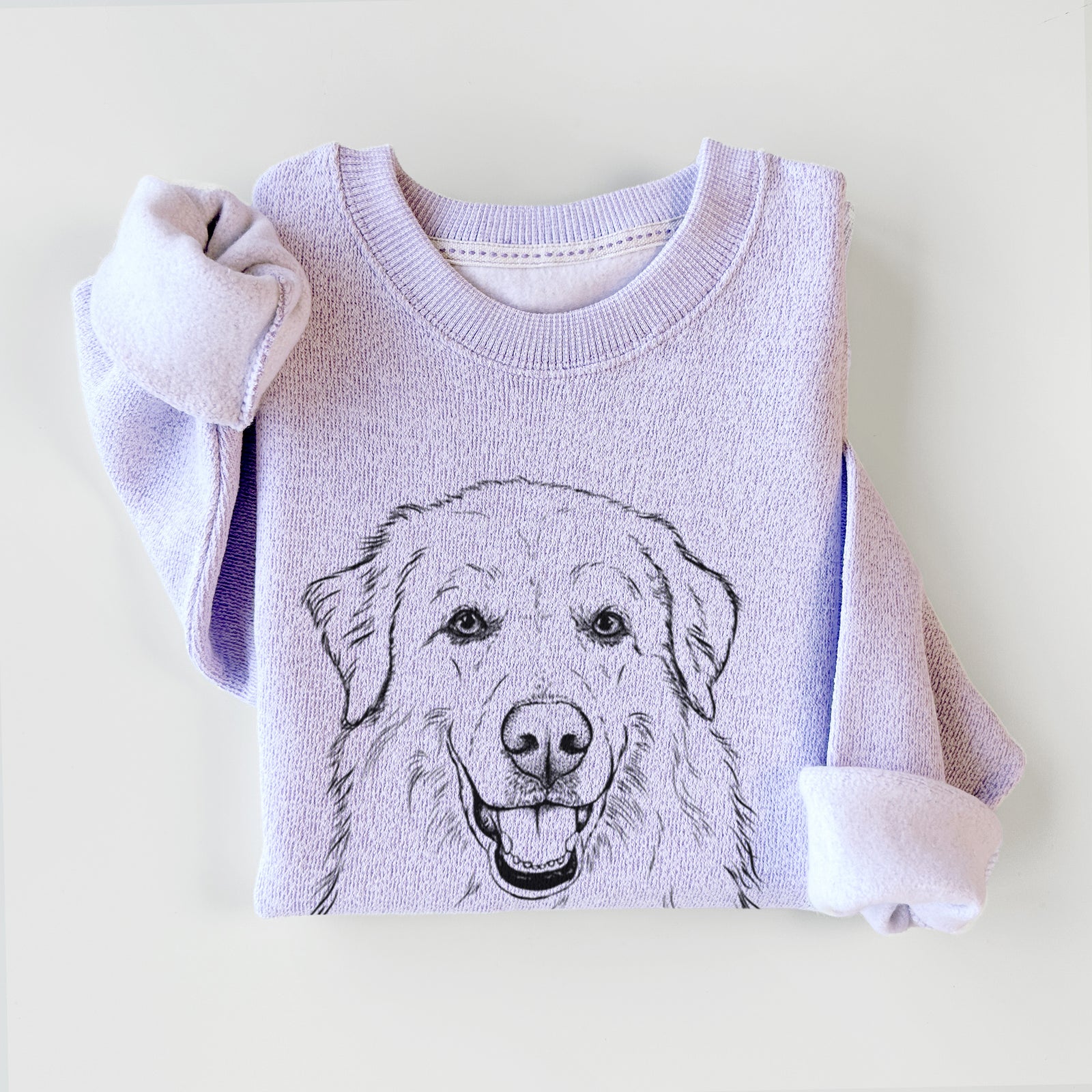 Hand-drawn sketch of Meg the Great Pyrenees on an Ice Purple knit sweatshirt