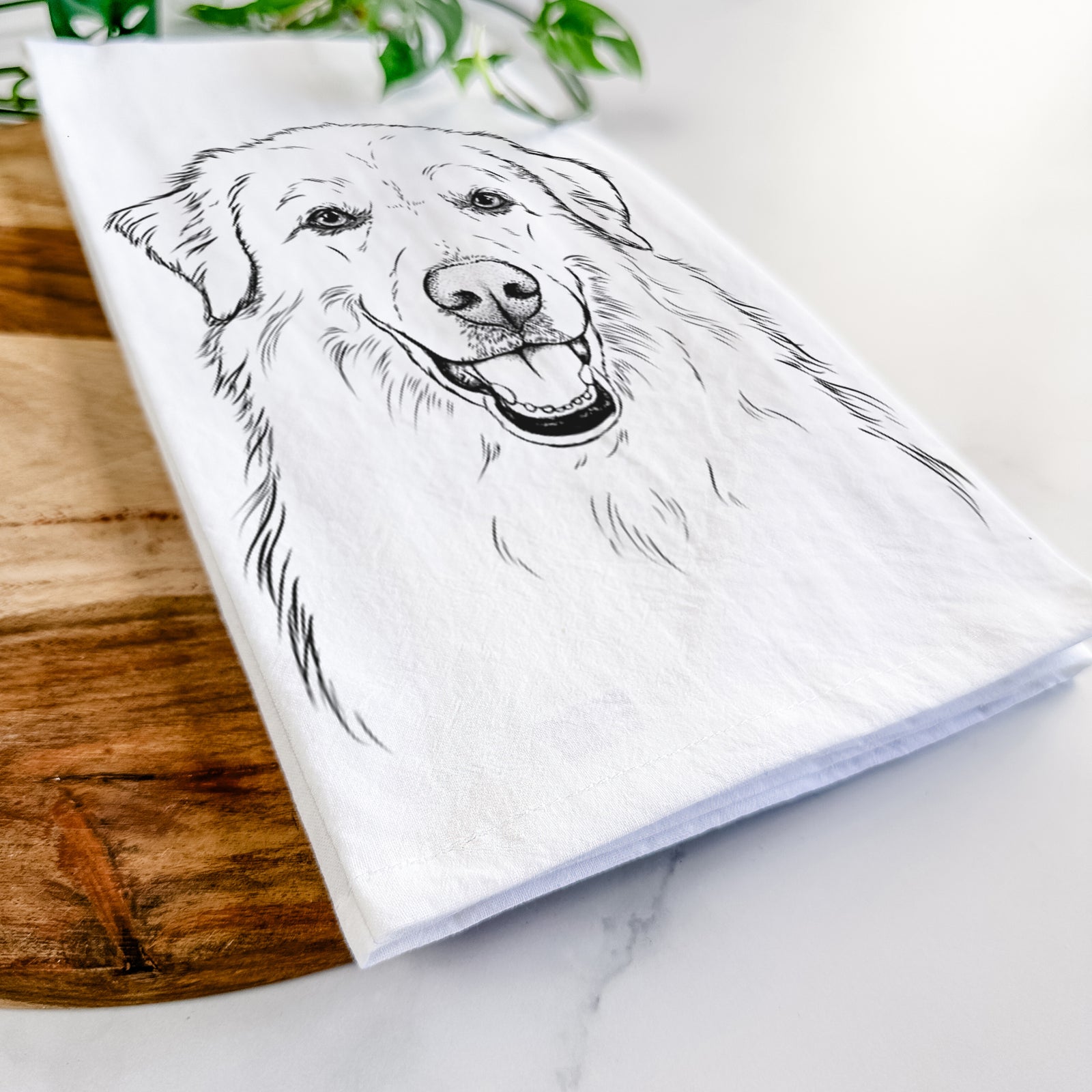 Hand-drawn sketch of Meg the Great Pyrenees on a tea towel