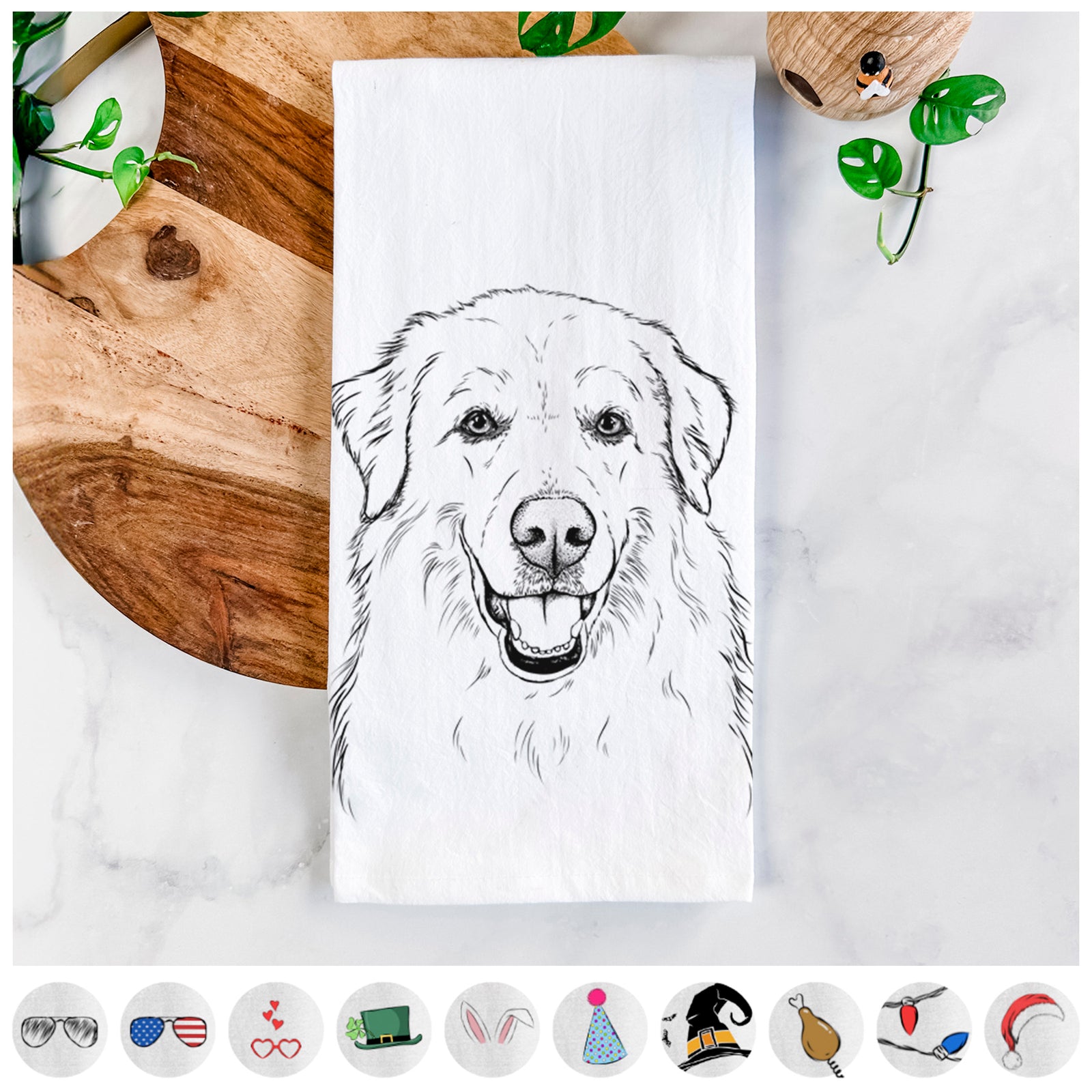 Hand-drawn sketch of Meg the Great Pyrenees on a tea towel, shown with icons of the other available costume styles
