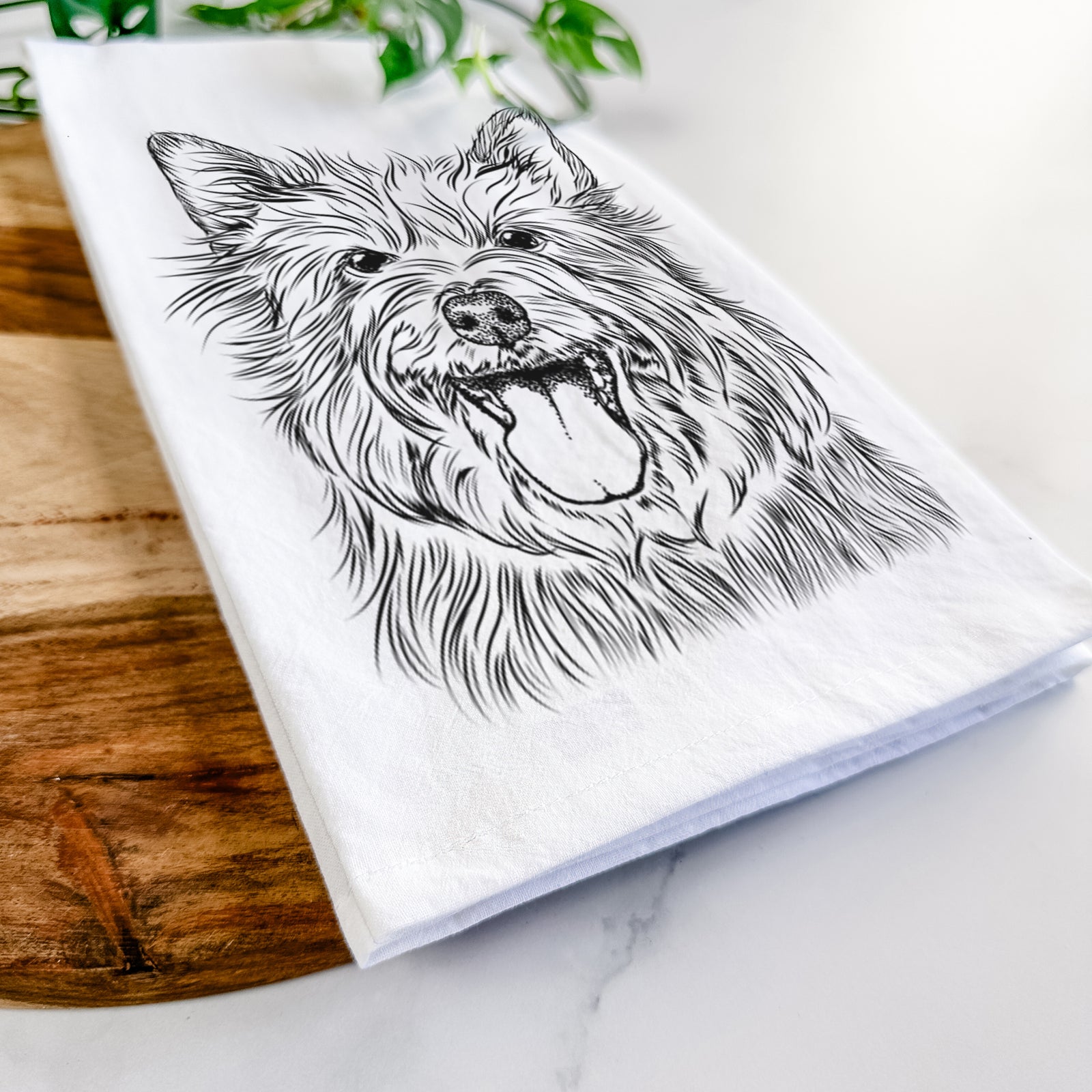 Hand-drawn sketch of Middy the Australian Terrier on a tea towel