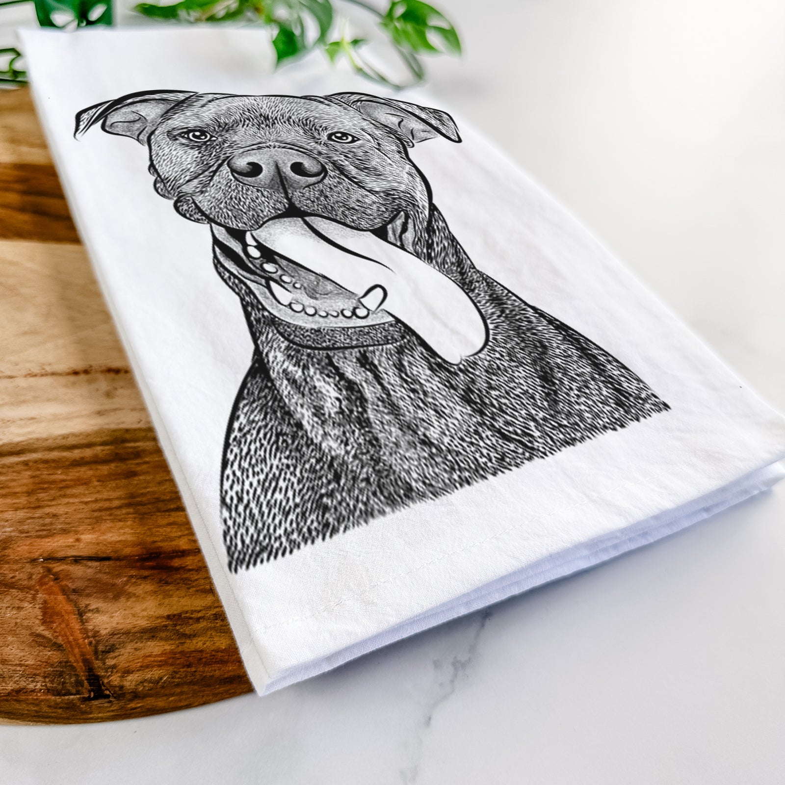 Hand-drawn sketch of Mikey the Boxador on a tea towel