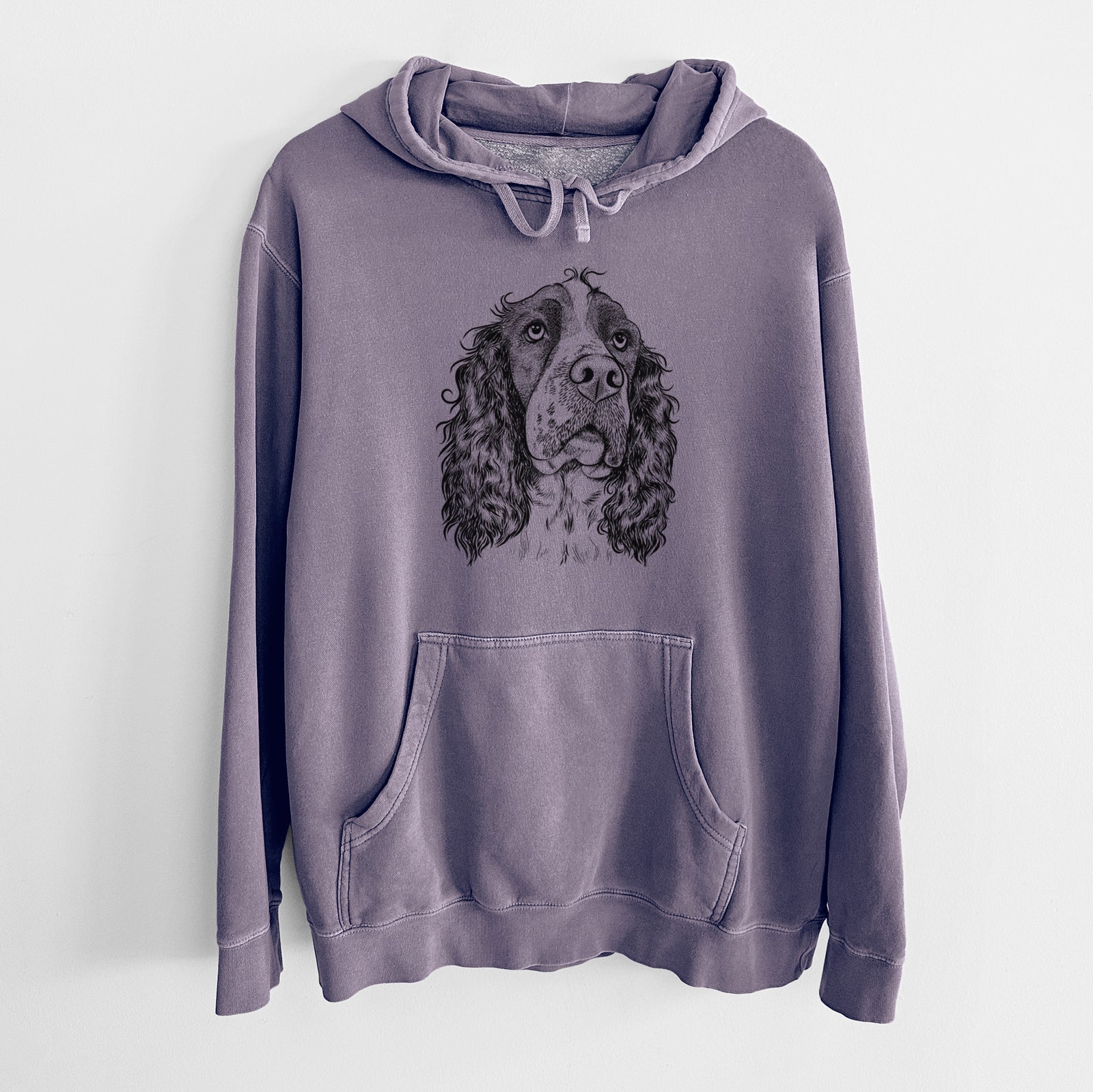 Hand-drawn sketch of Millie Mae the English Springer Spaniel on a Plum Unisex pigment dyed hoodie