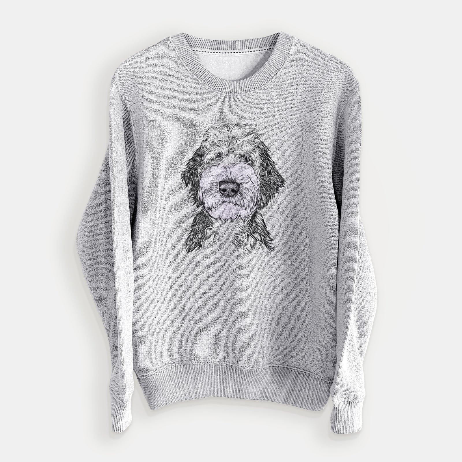 Hand-drawn sketch of Milo Fluff the Sheepadoodle on a Salt Pepper knit sweatshirt