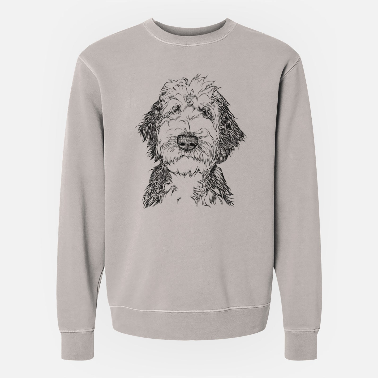 Hand-drawn sketch of Milo Fluff the Sheepadoodle on a Cement Unisex pigment dyed crew sweatshirt