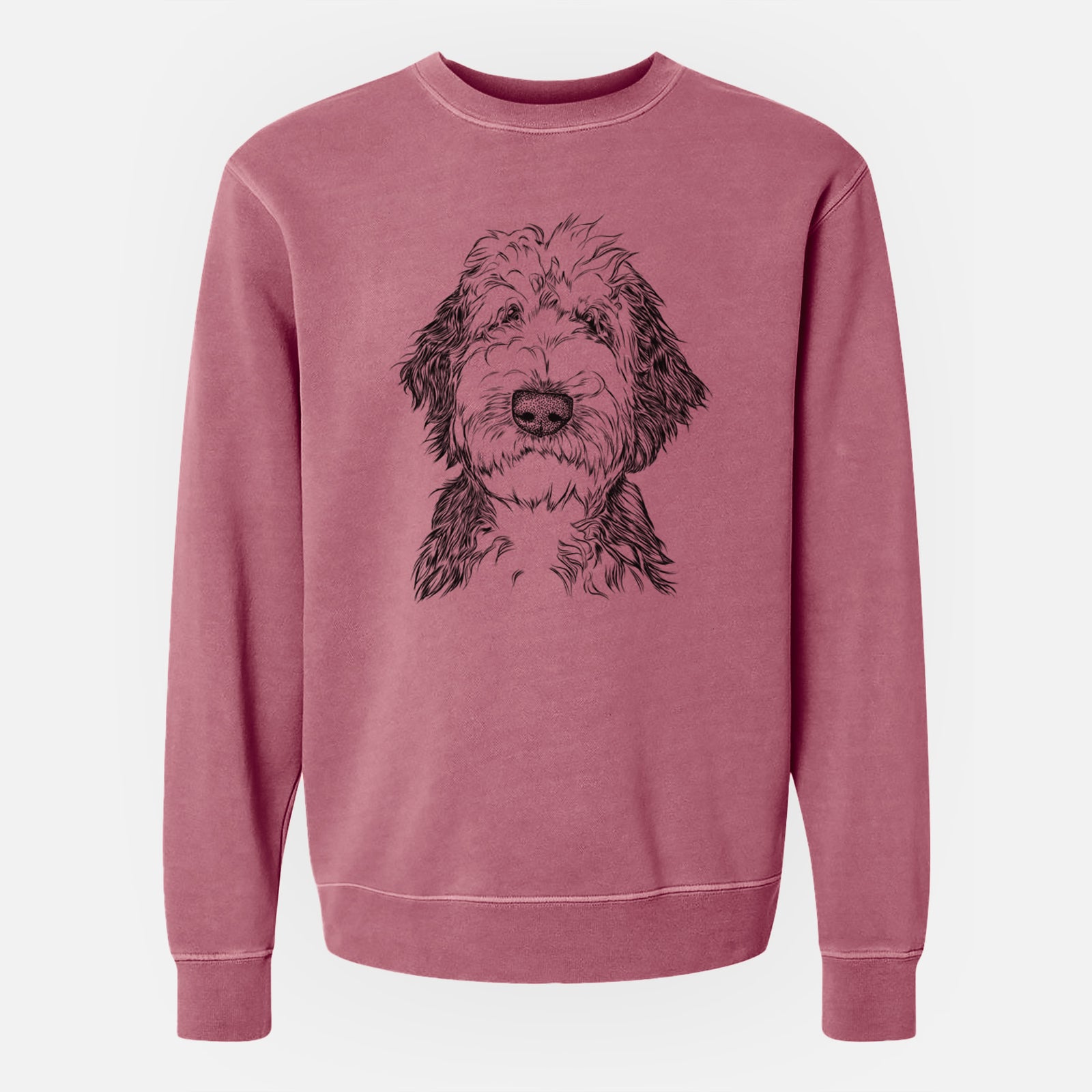 Hand-drawn sketch of Milo Fluff the Sheepadoodle on a Maroon Unisex pigment dyed crew sweatshirt