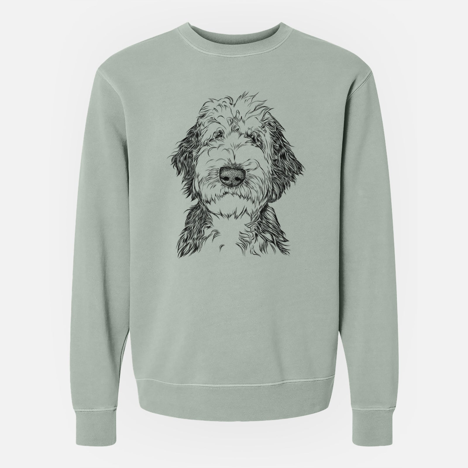Hand-drawn sketch of Milo Fluff the Sheepadoodle on a Sage Unisex pigment dyed crew sweatshirt