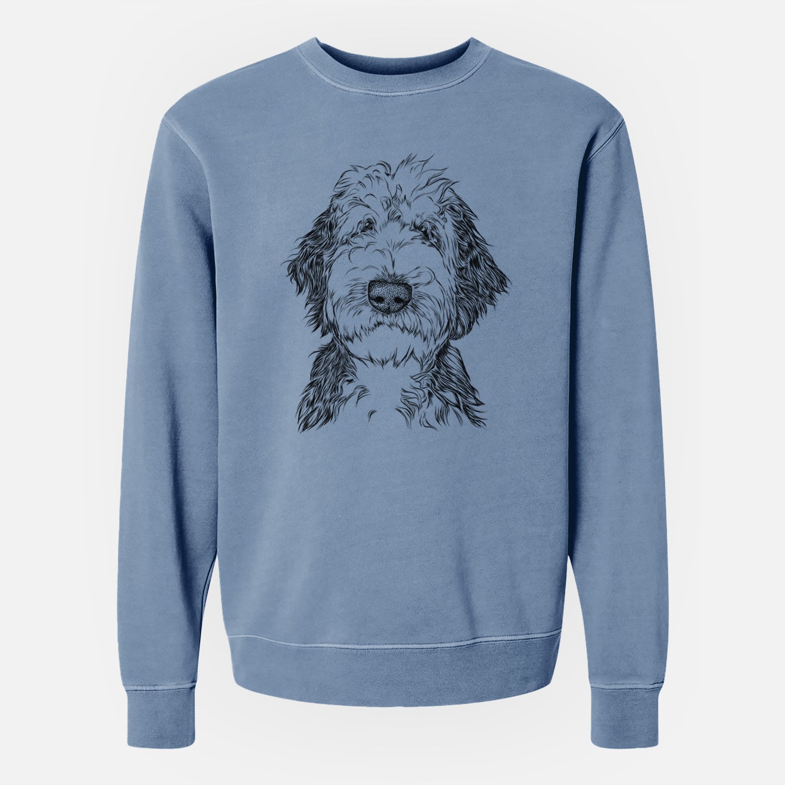 Hand-drawn sketch of Milo Fluff the Sheepadoodle on a Slate Blue Unisex pigment dyed crew sweatshirt