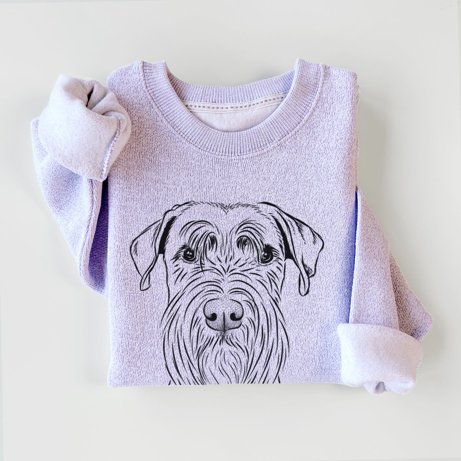 Hand-drawn sketch of Milton the Schnauzer on an Ice Purple knit sweatshirt