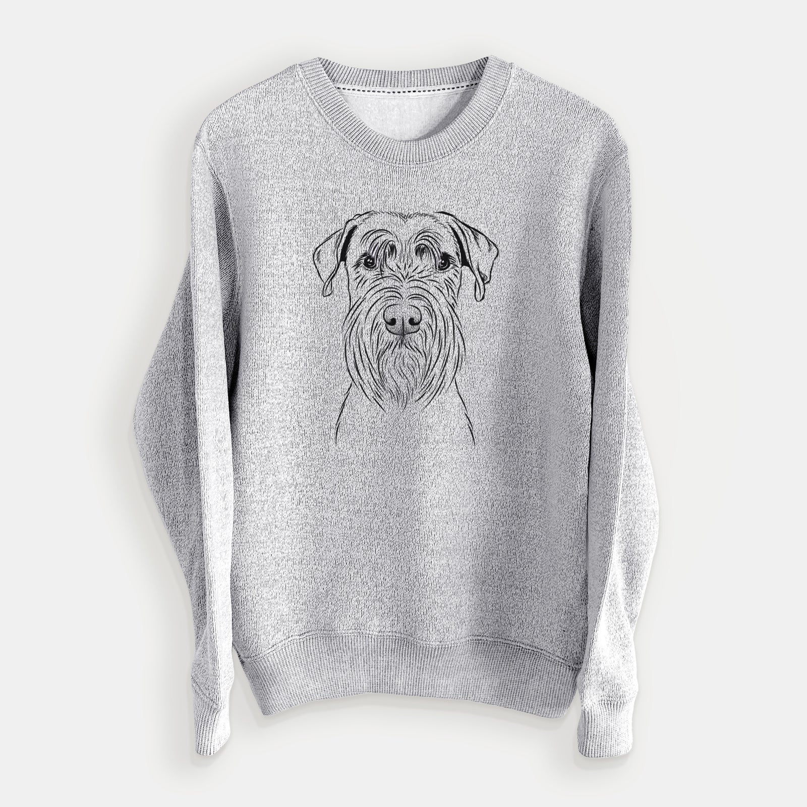 Hand-drawn sketch of Milton the Schnauzer on a Salt Pepper knit sweatshirt