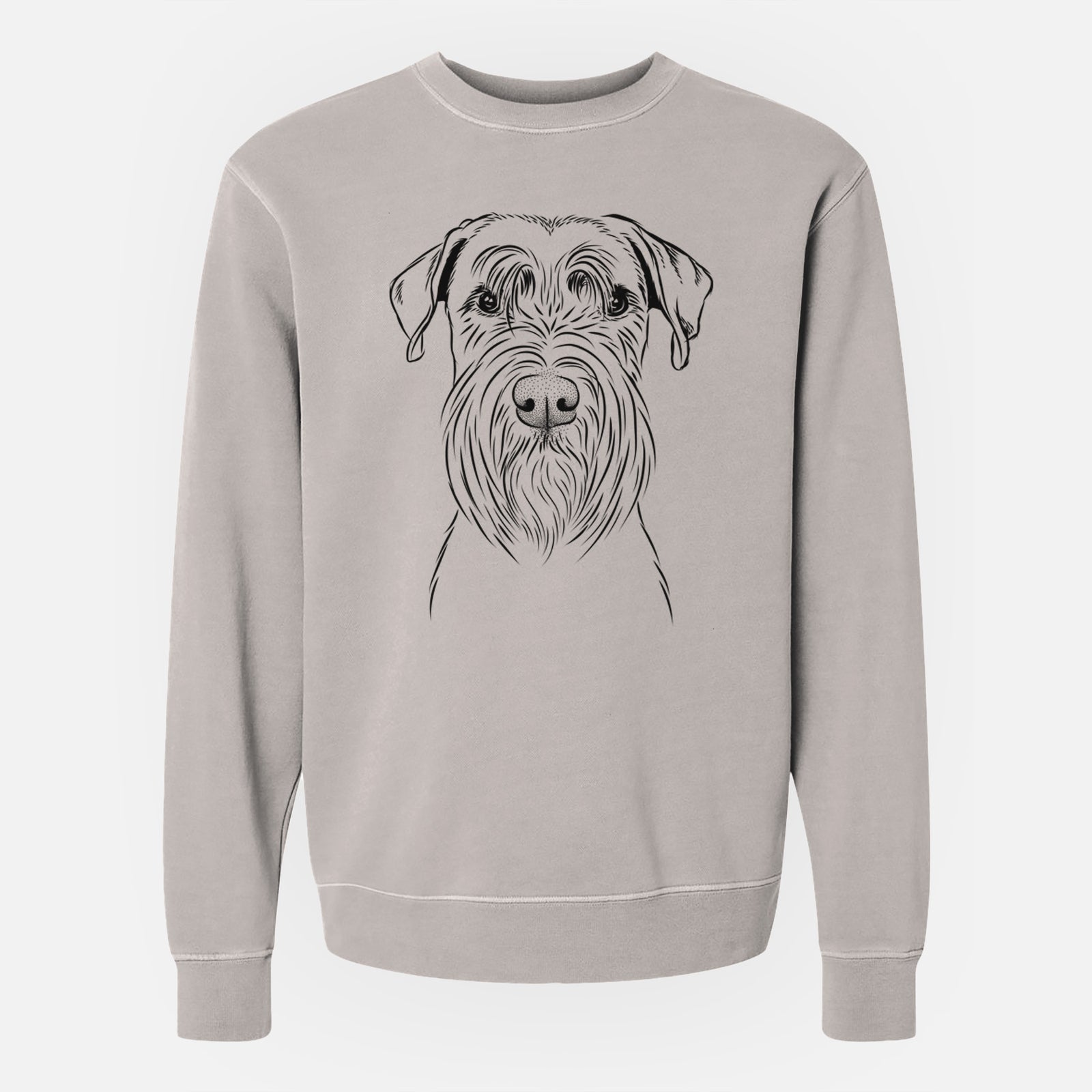Hand-drawn sketch of Milton the Schnauzer on a Cement Unisex pigment dyed crew sweatshirt