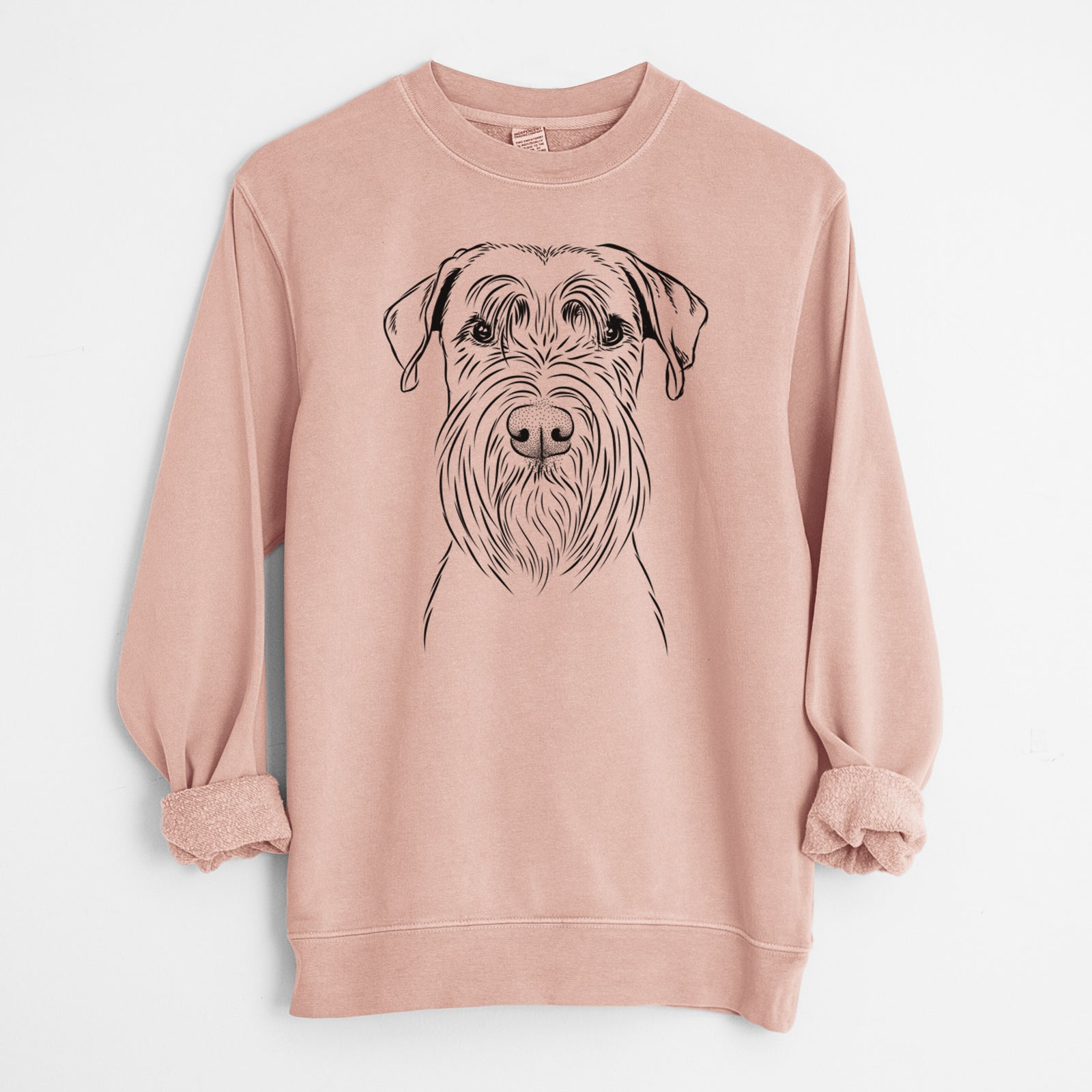 Hand-drawn sketch of Milton the Schnauzer on a Dusty Pink Unisex pigment dyed crew sweatshirt