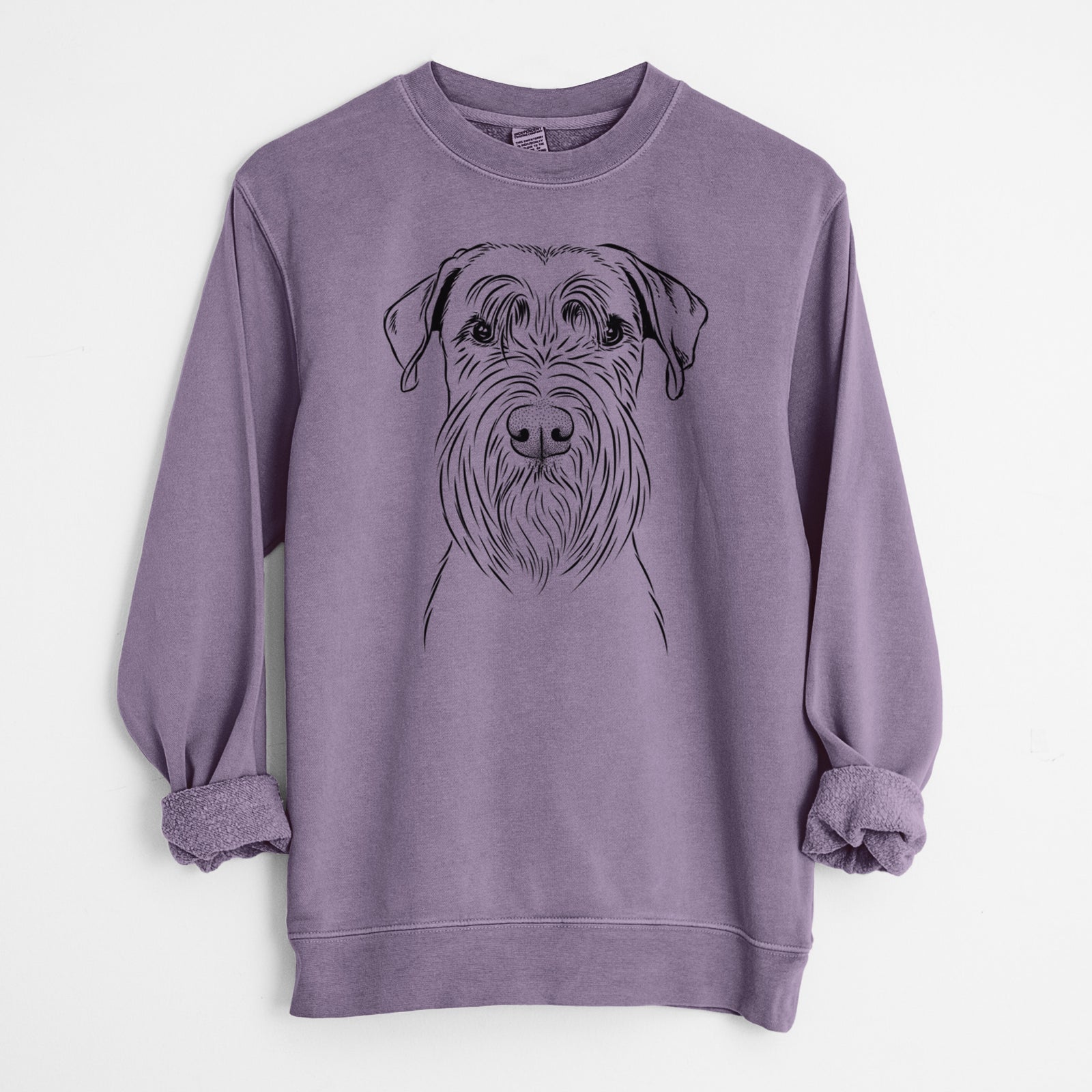 Hand-drawn sketch of Milton the Schnauzer on a Plum Unisex pigment dyed crew sweatshirt