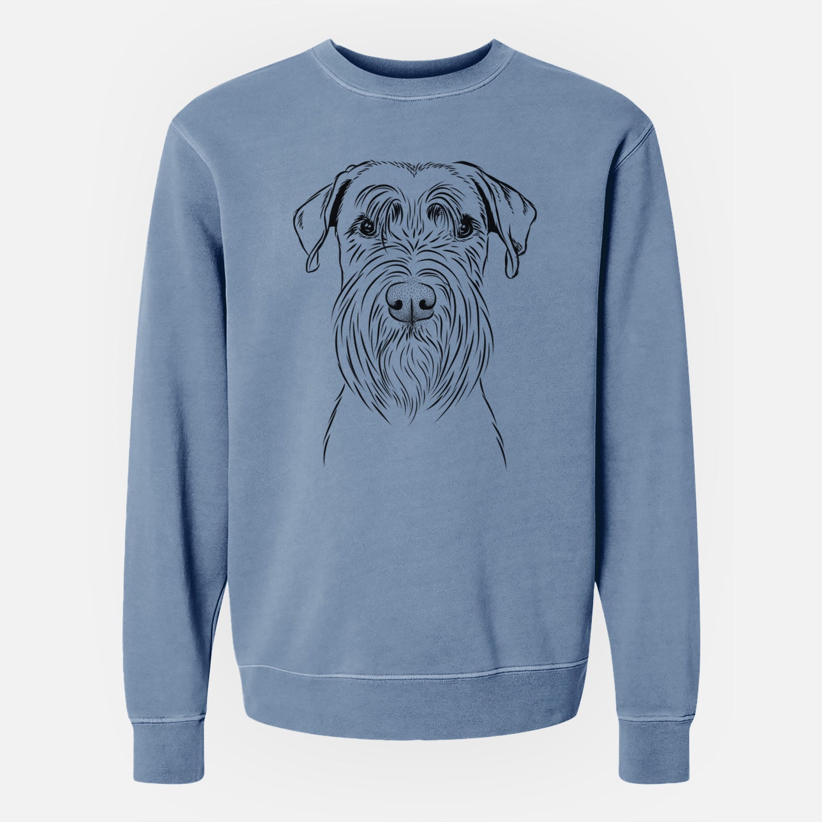 Hand-drawn sketch of Milton the Schnauzer on a Slate Blue Unisex pigment dyed crew sweatshirt