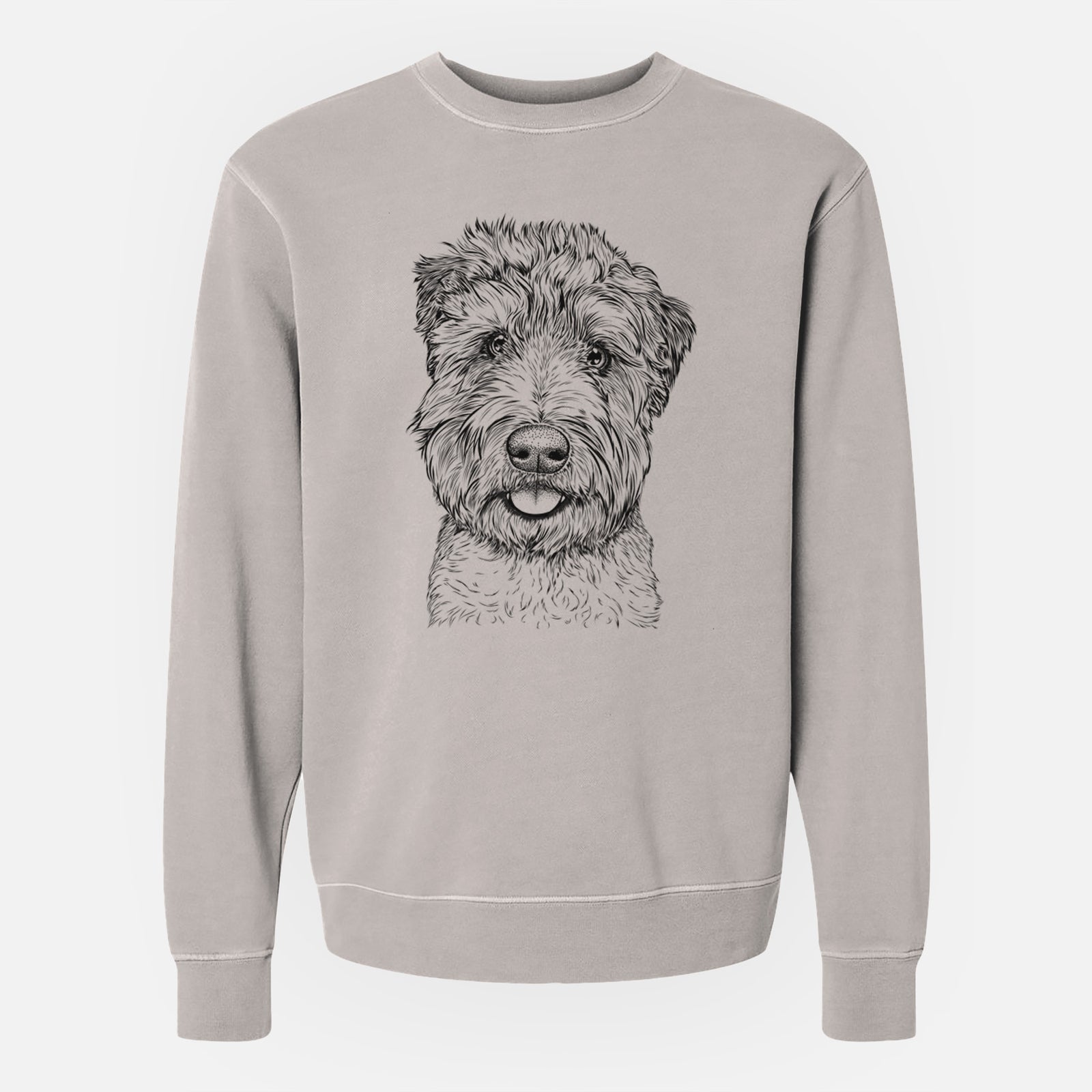 Hand-drawn sketch of Milton the Soft Coated Wheaten Terrier on a Cement Unisex pigment dyed crew sweatshirt