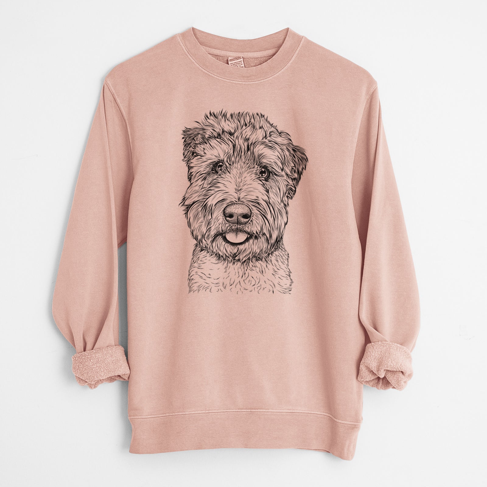 Hand-drawn sketch of Milton the Soft Coated Wheaten Terrier on a Dusty Pink Unisex pigment dyed crew sweatshirt
