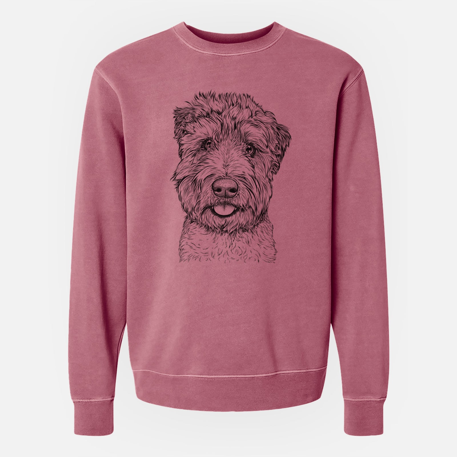 Hand-drawn sketch of Milton the Soft Coated Wheaten Terrier on a Maroon Unisex pigment dyed crew sweatshirt
