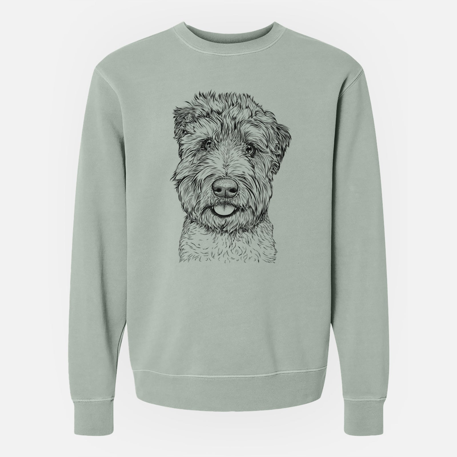 Hand-drawn sketch of Milton the Soft Coated Wheaten Terrier on a Sage Unisex pigment dyed crew sweatshirt